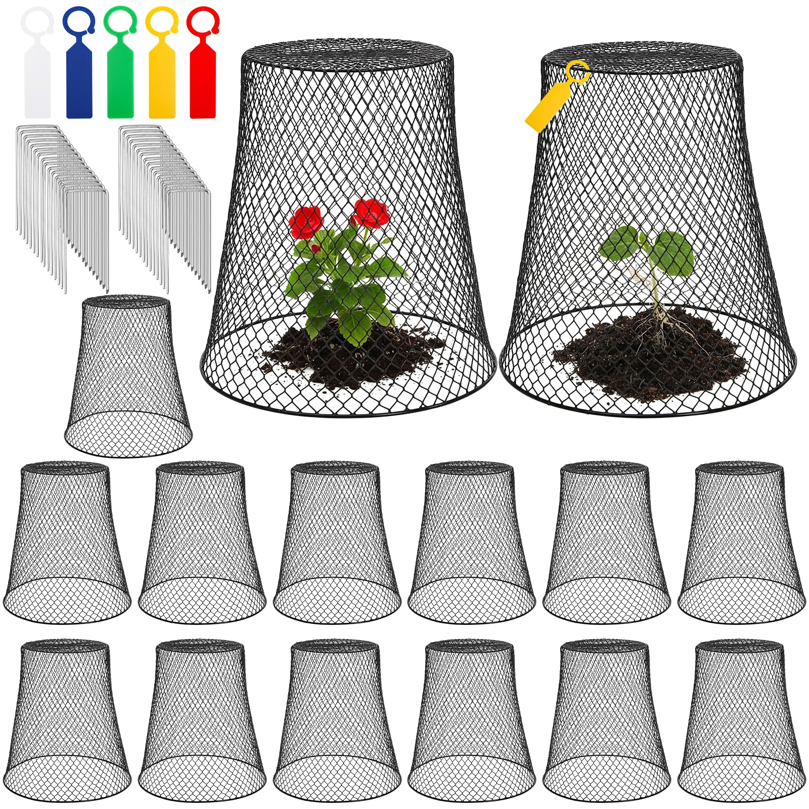 SOUJOY front view of 15-piece cloche set showing included pins and labels protecting seedlings