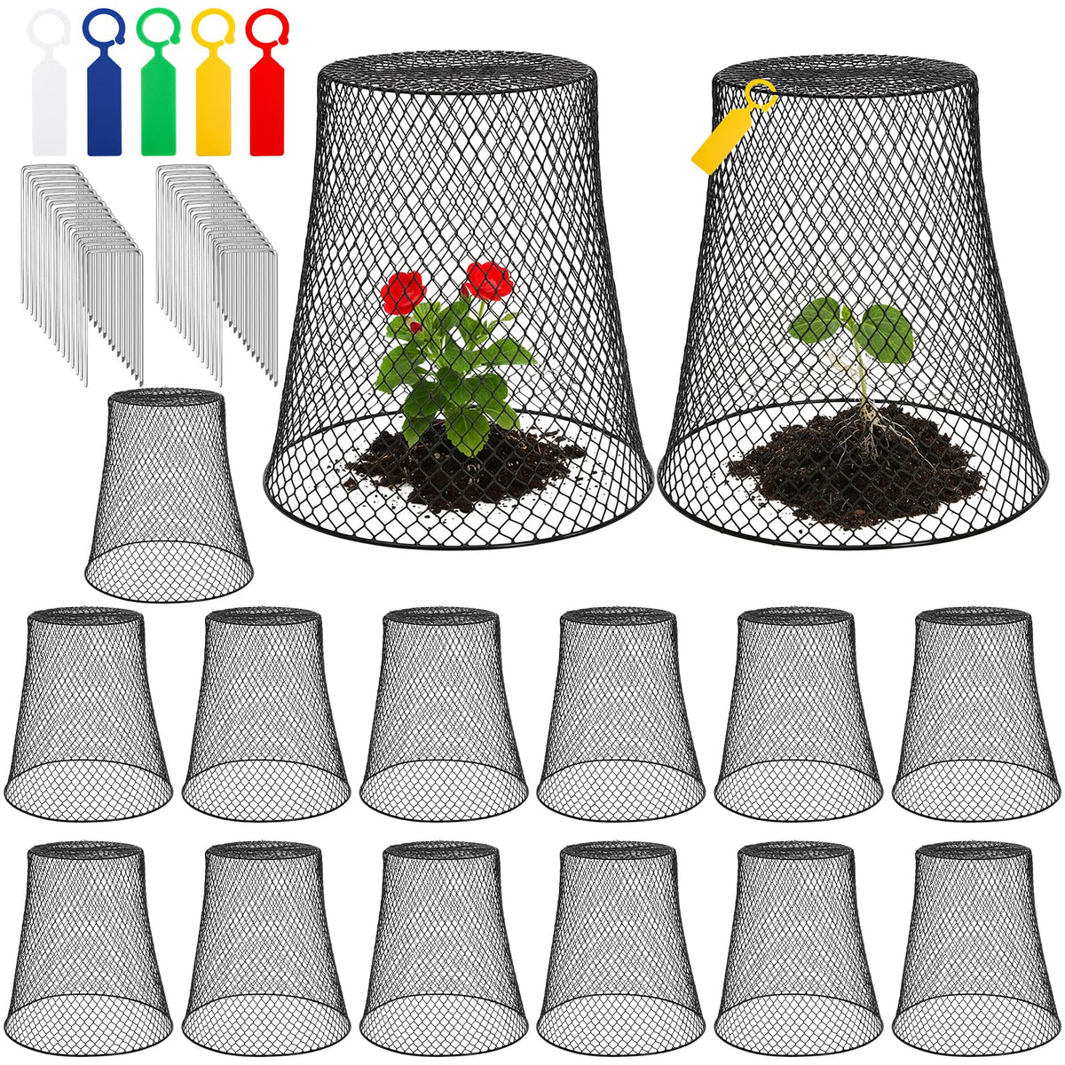 SOUJOY front view of 15-piece cloche set showing included pins and labels protecting seedlings