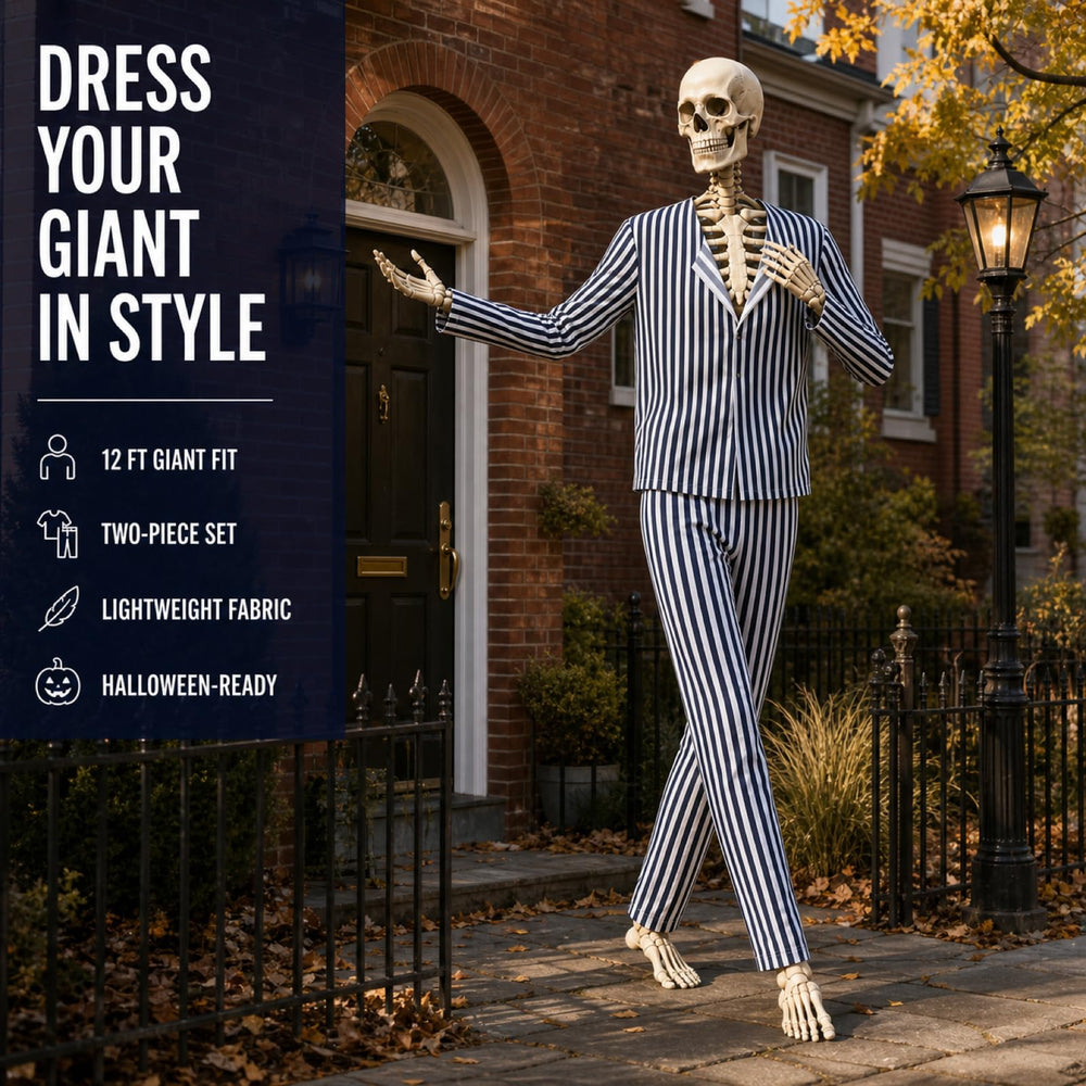 Soulchen 12ft skeleton wearing suit in yard creating striking Halloween atmosphere