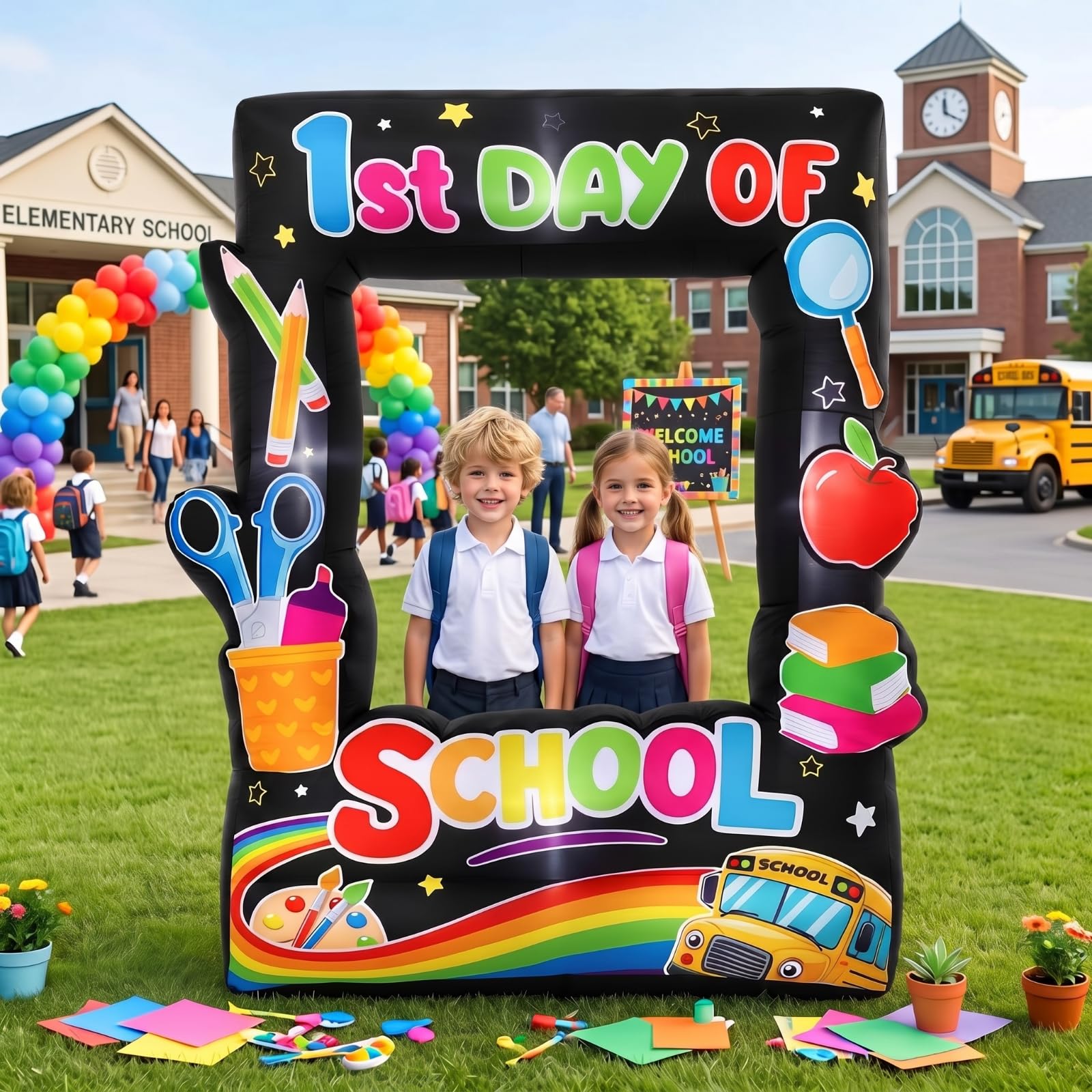 Soulchen front view of inflated 6ft frame highlighting colorful first day of school graphics and photo-ready design