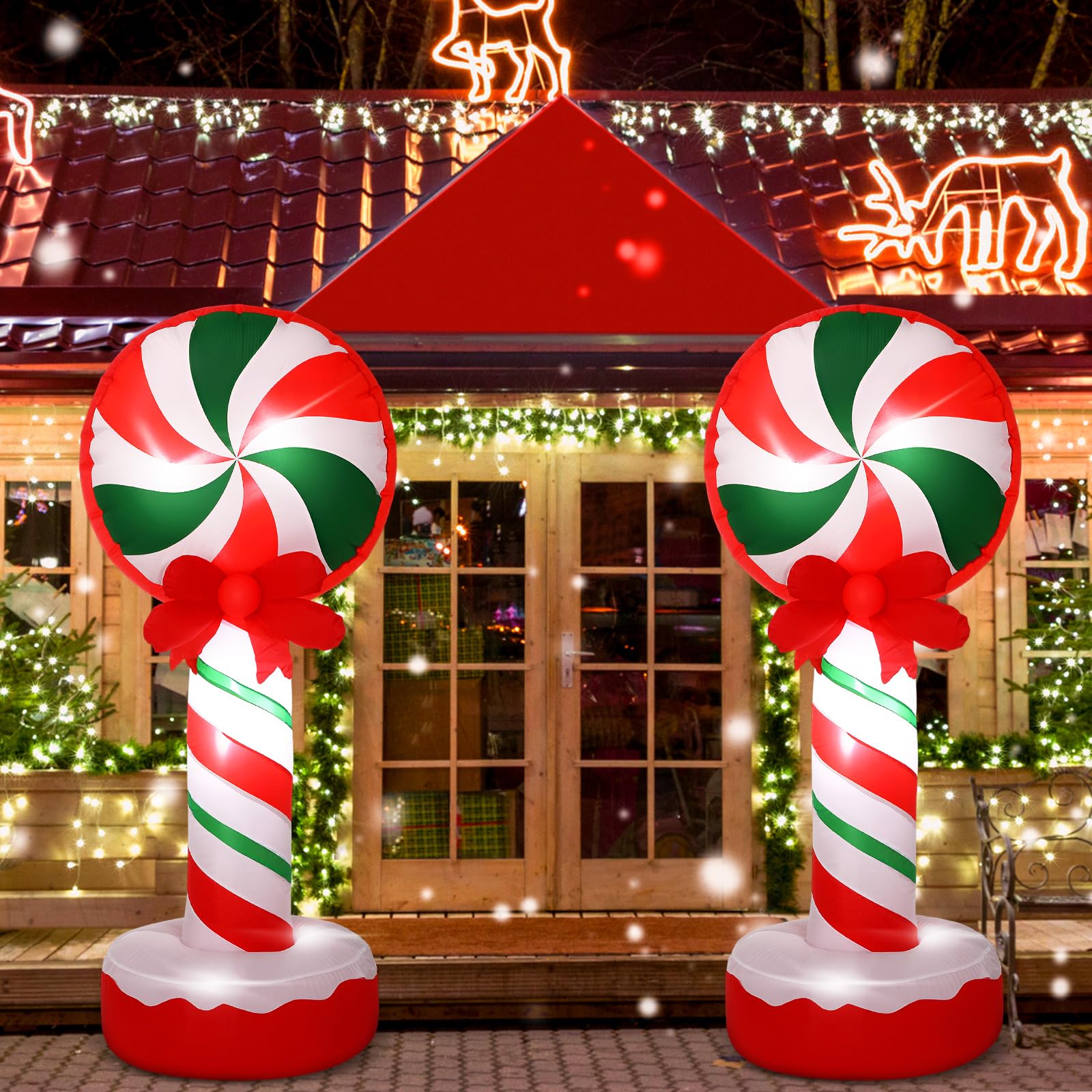 Soulchen lawn lifestyle scene with inflatables welcoming guests for holiday parties