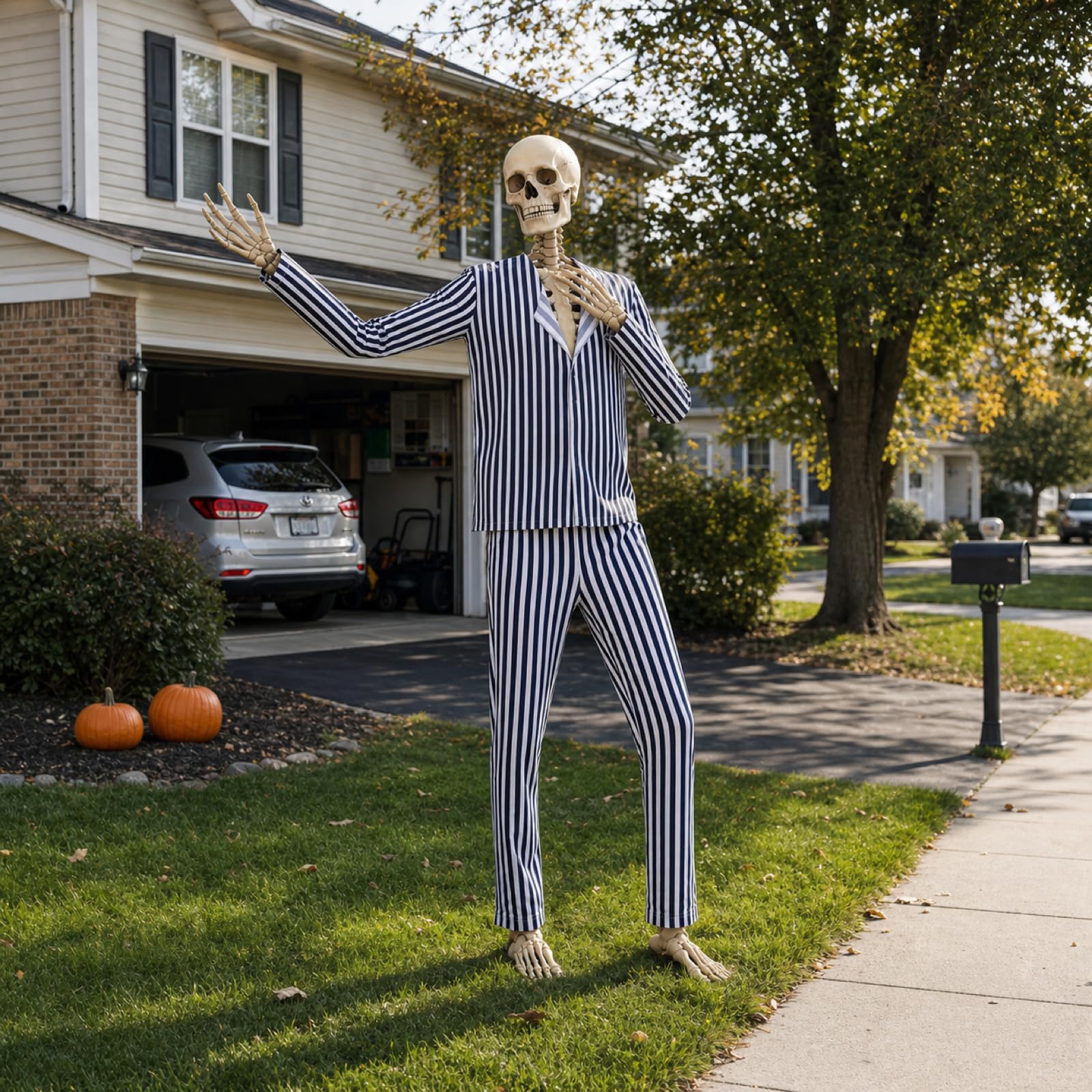 Soulchen nighttime scene of dressed skeleton delivering dramatic photo-ready presence