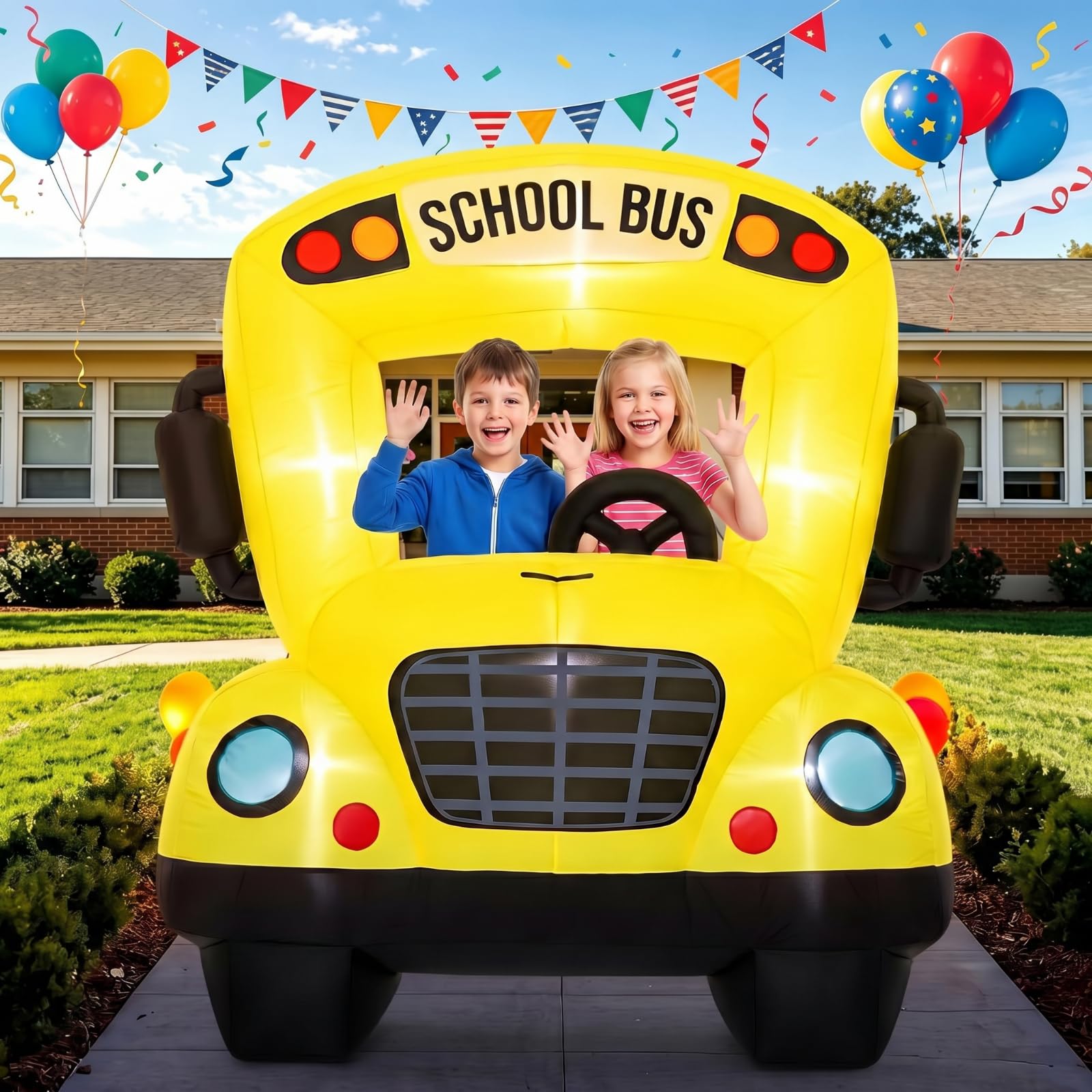 Soulchen inflatable school bus front view showing bold design and instant party impact