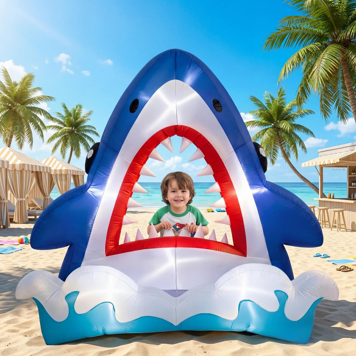 Soulchen shark front view showing full inflatable and bright LED glow