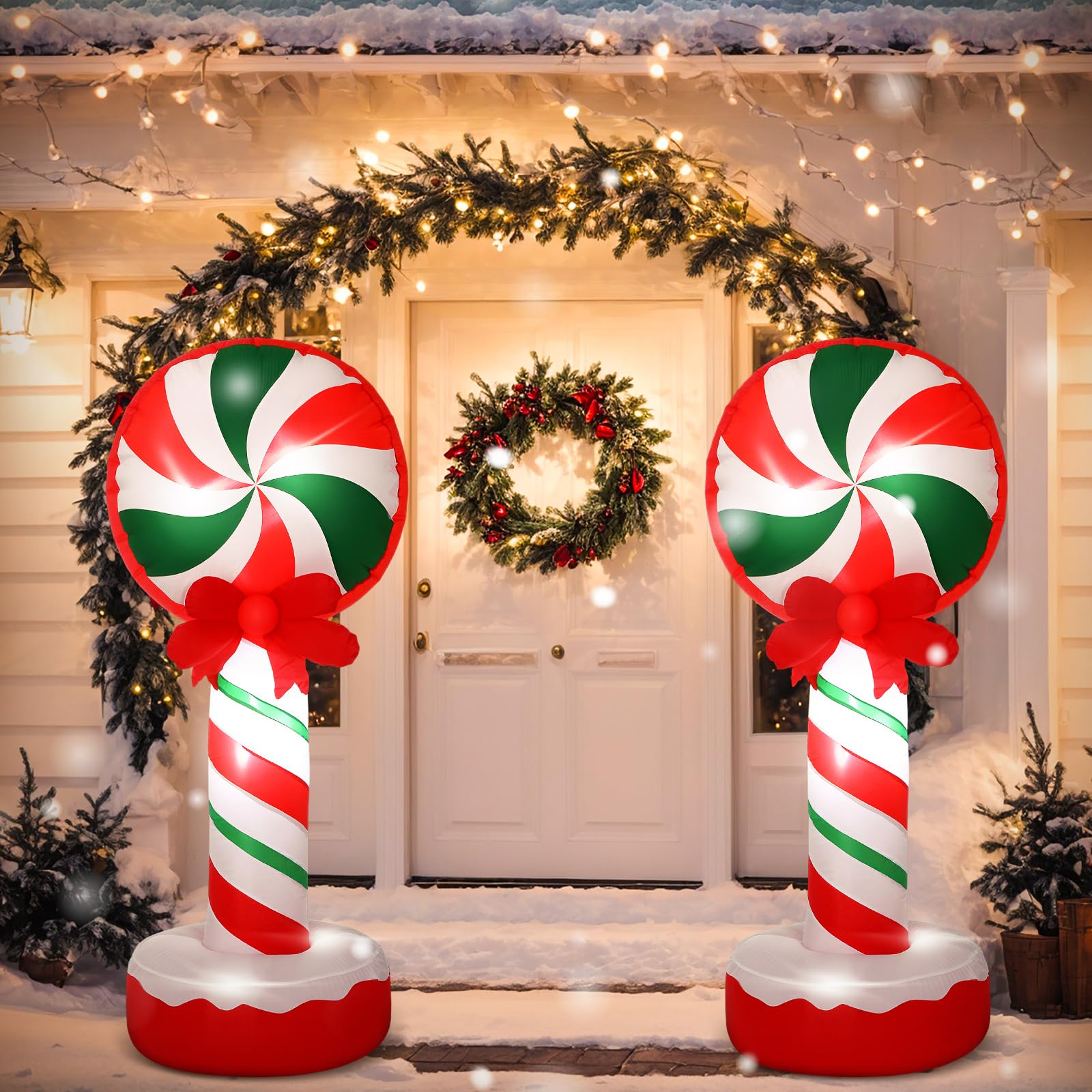 Soulchen 5 ft candy inflatable beside porch railing showing true size and scale