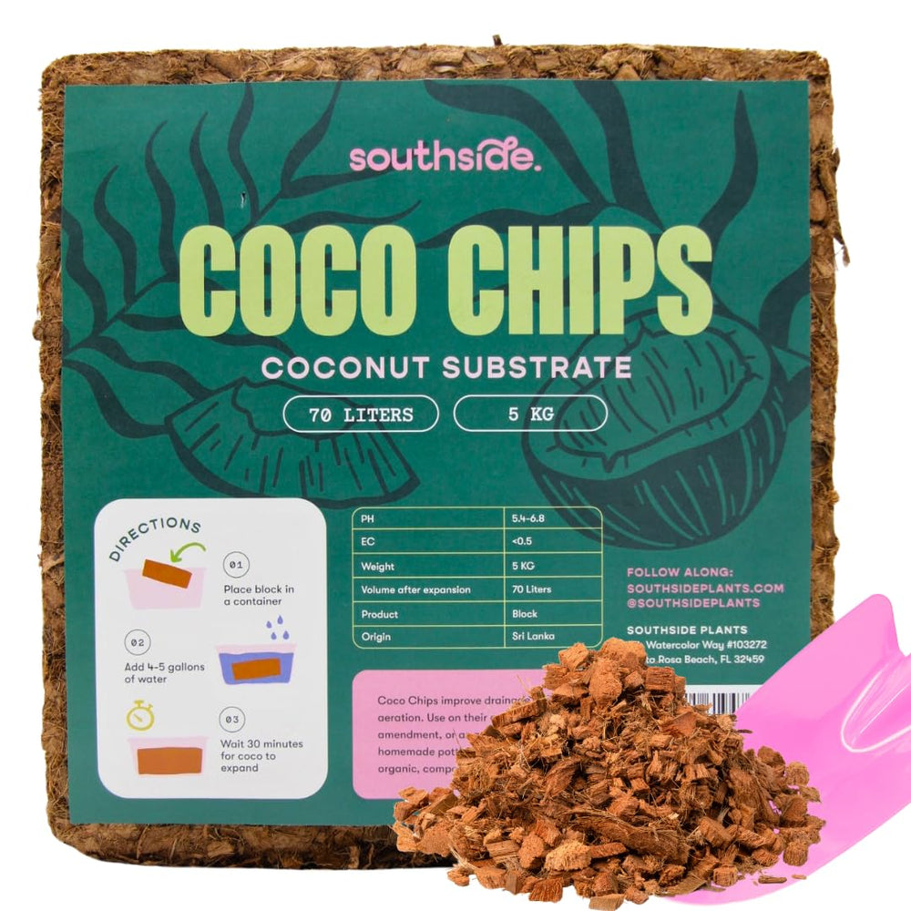 Southside Plants front view of compressed coco chip brick showing compact packaging benefit