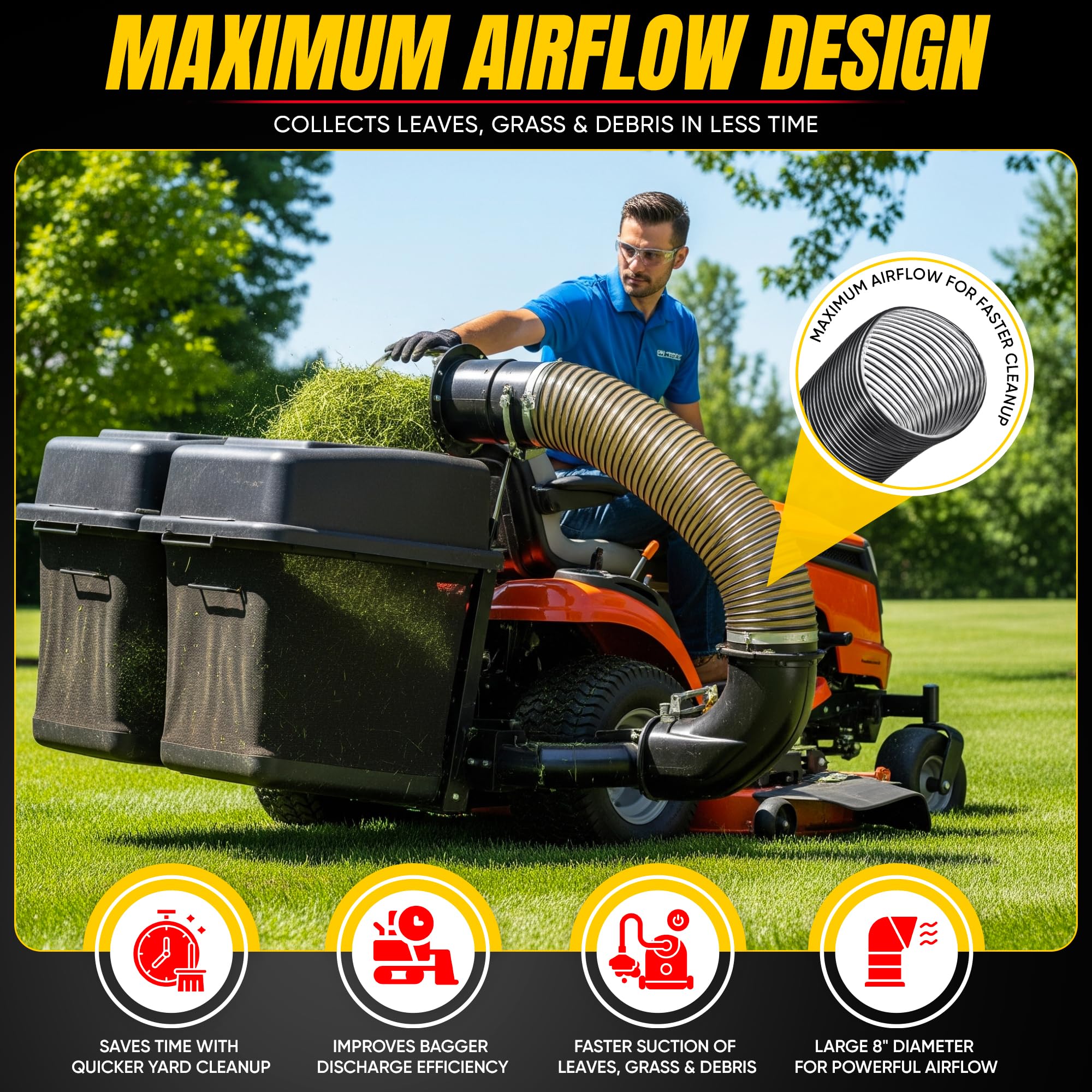 SOVARCATE hose installed on mower bagger demonstrating improved discharge speed