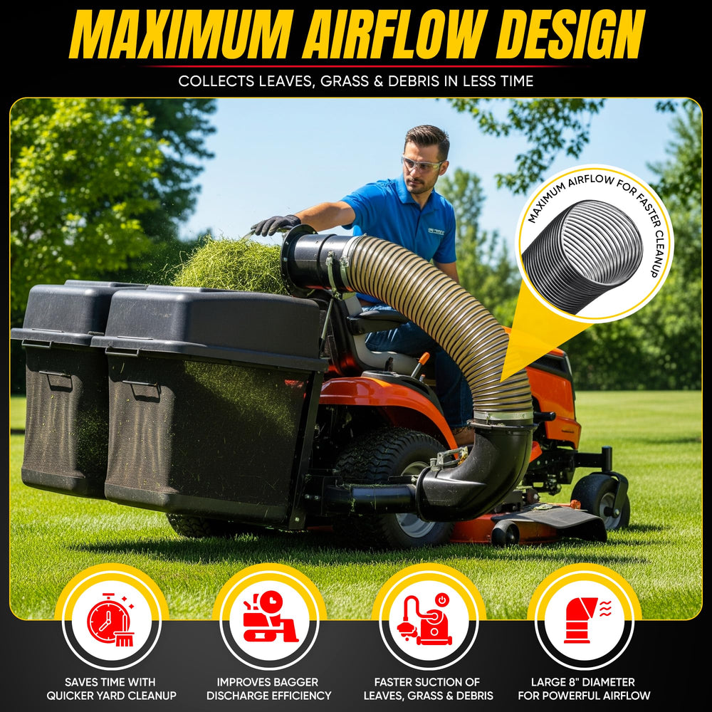 SOVARCATE hose installed on mower bagger demonstrating improved discharge speed