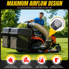 SOVARCATE hose installed on mower bagger demonstrating improved discharge speed