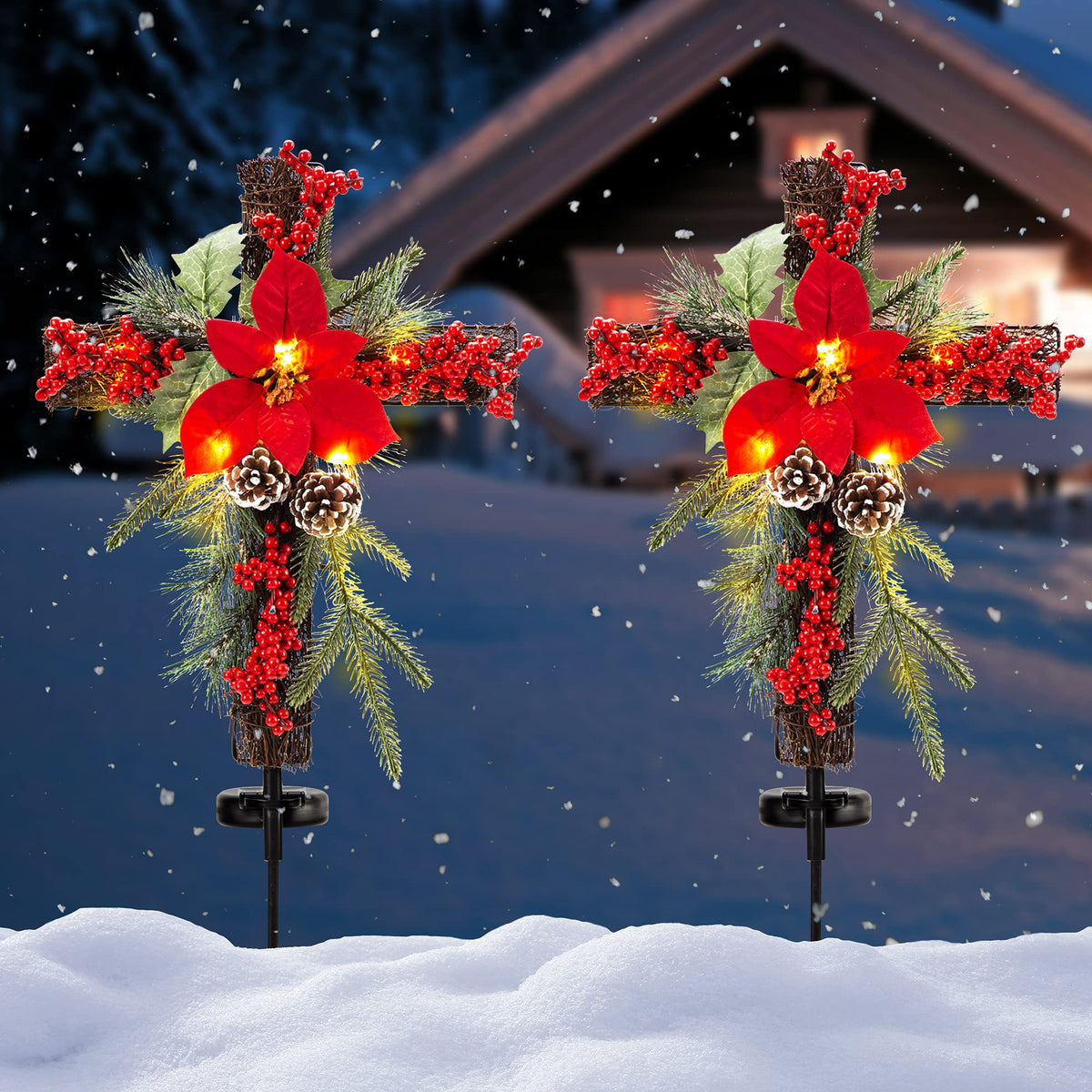 SOWSUN cross stake front view showing festive poinsettia and pine cones, adds respectful illumination