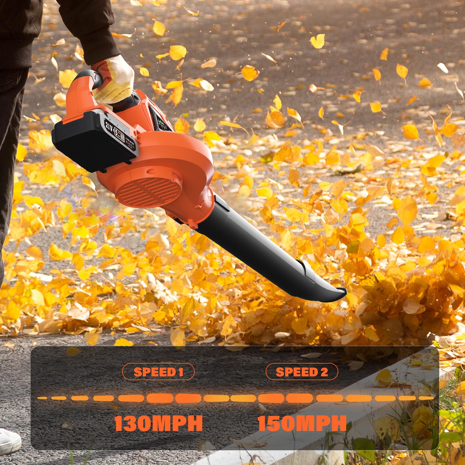 SOYUS blower in use moving leaves on driveway for quick cleanup