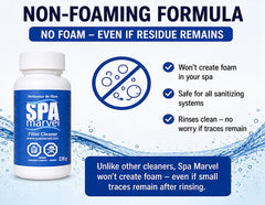 Spa Marvel pouring solution into measuring cap demonstrating easy mixing and precise dosing