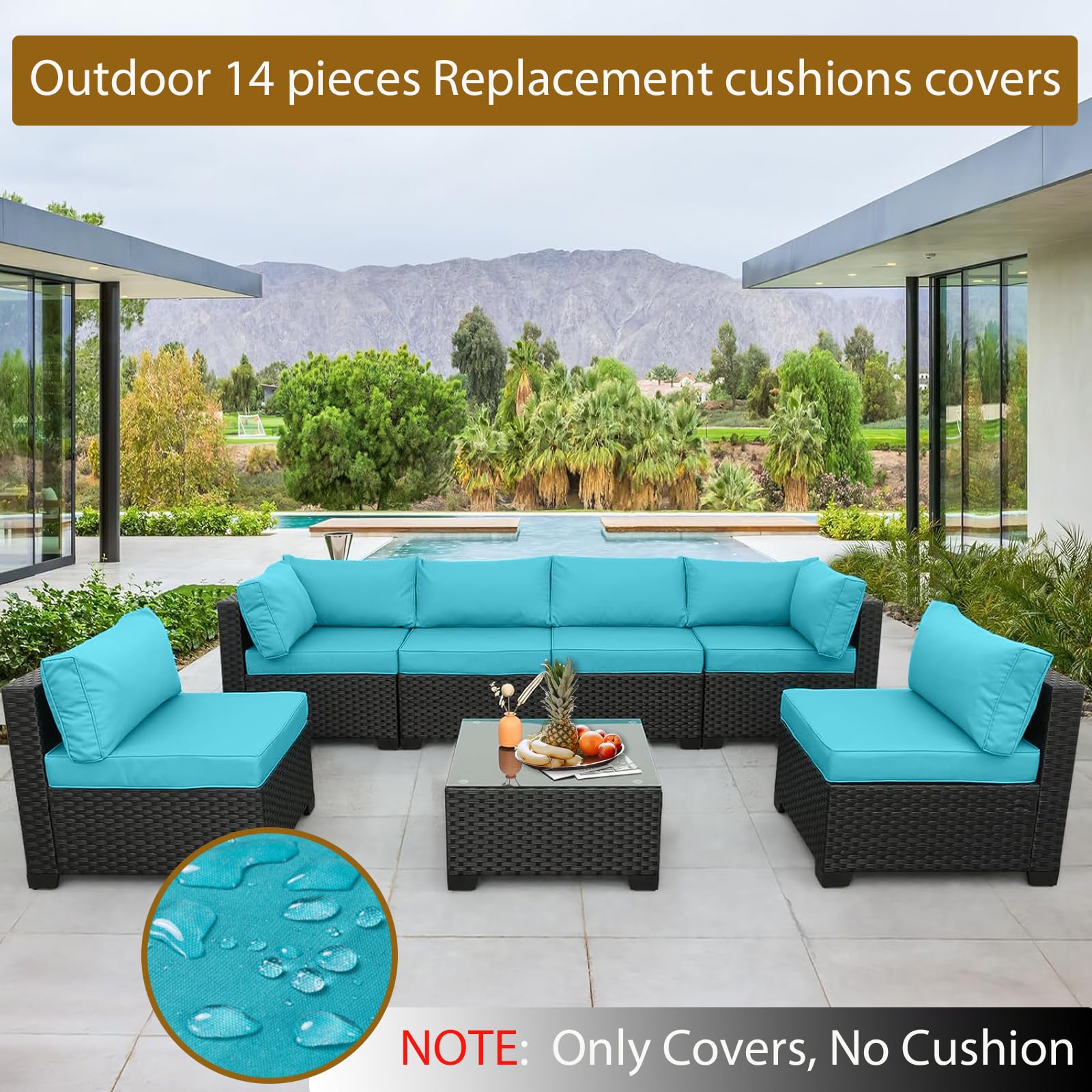 SpaceHop fitted covers on wicker sofa demonstrating refreshed outdoor furniture aesthetic