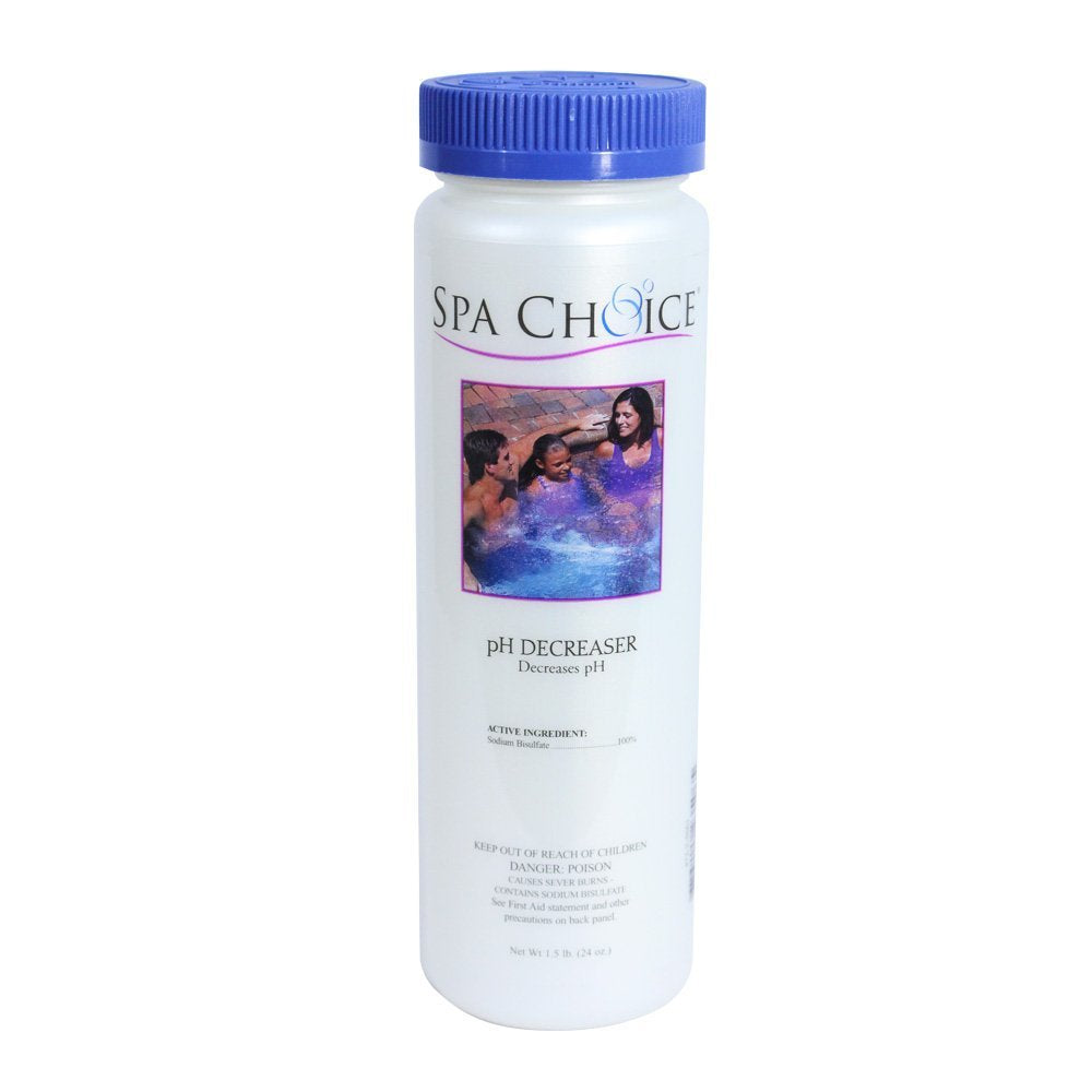 SpaChoice front label showing 1.5 lb pH decreaser and clear usage benefit