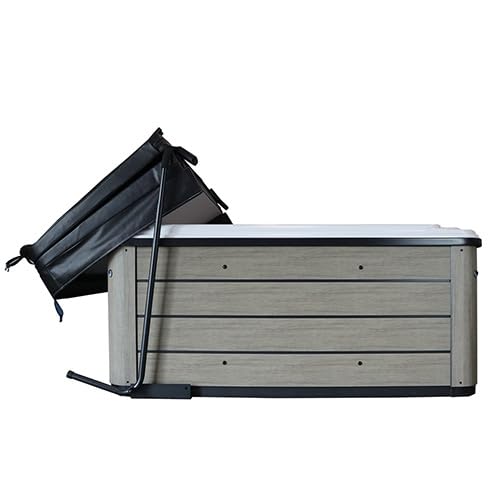 SpaEase 150 folded cover stored at spa side showing clear view benefit