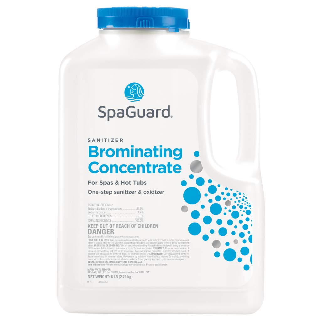 SpaGuard front label on 6 lb container showing product name and easy dosing benefits