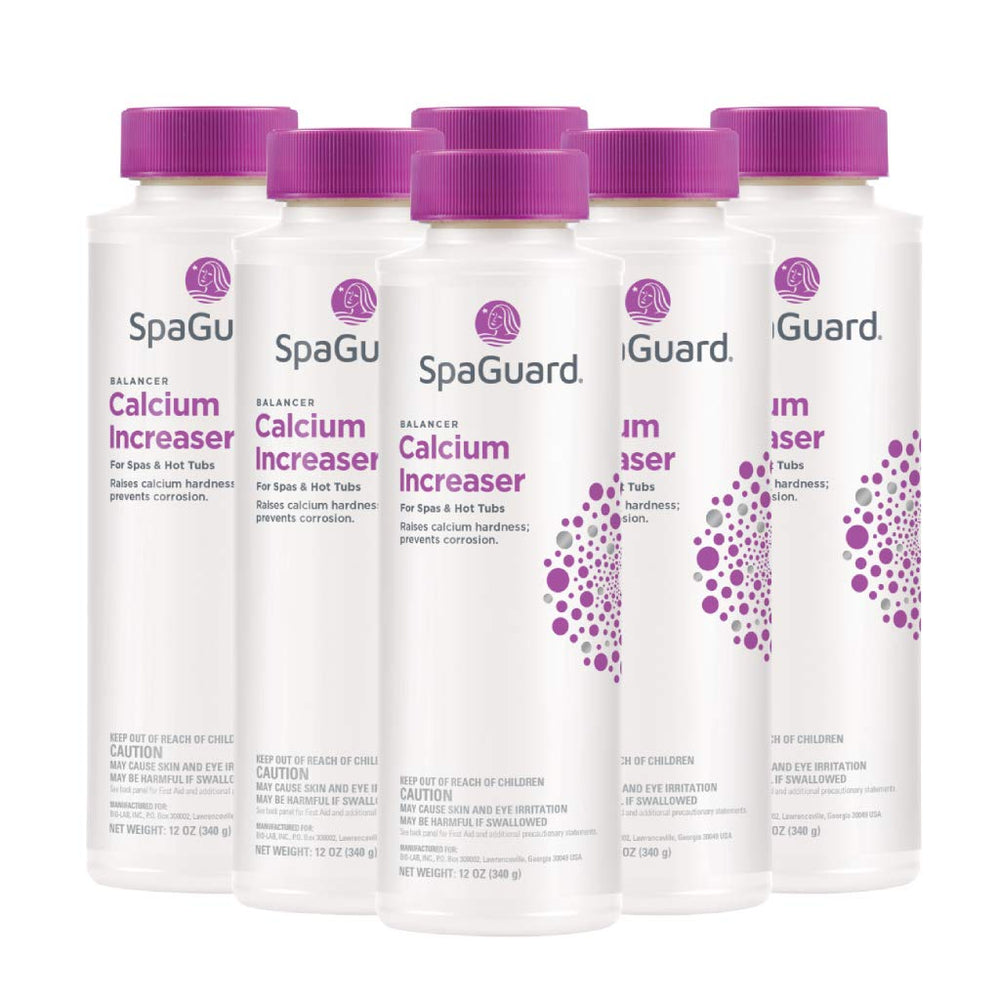 SpaGuard frente del empaque mostrando 12 oz y paquete de seis para mantenimiento confiable