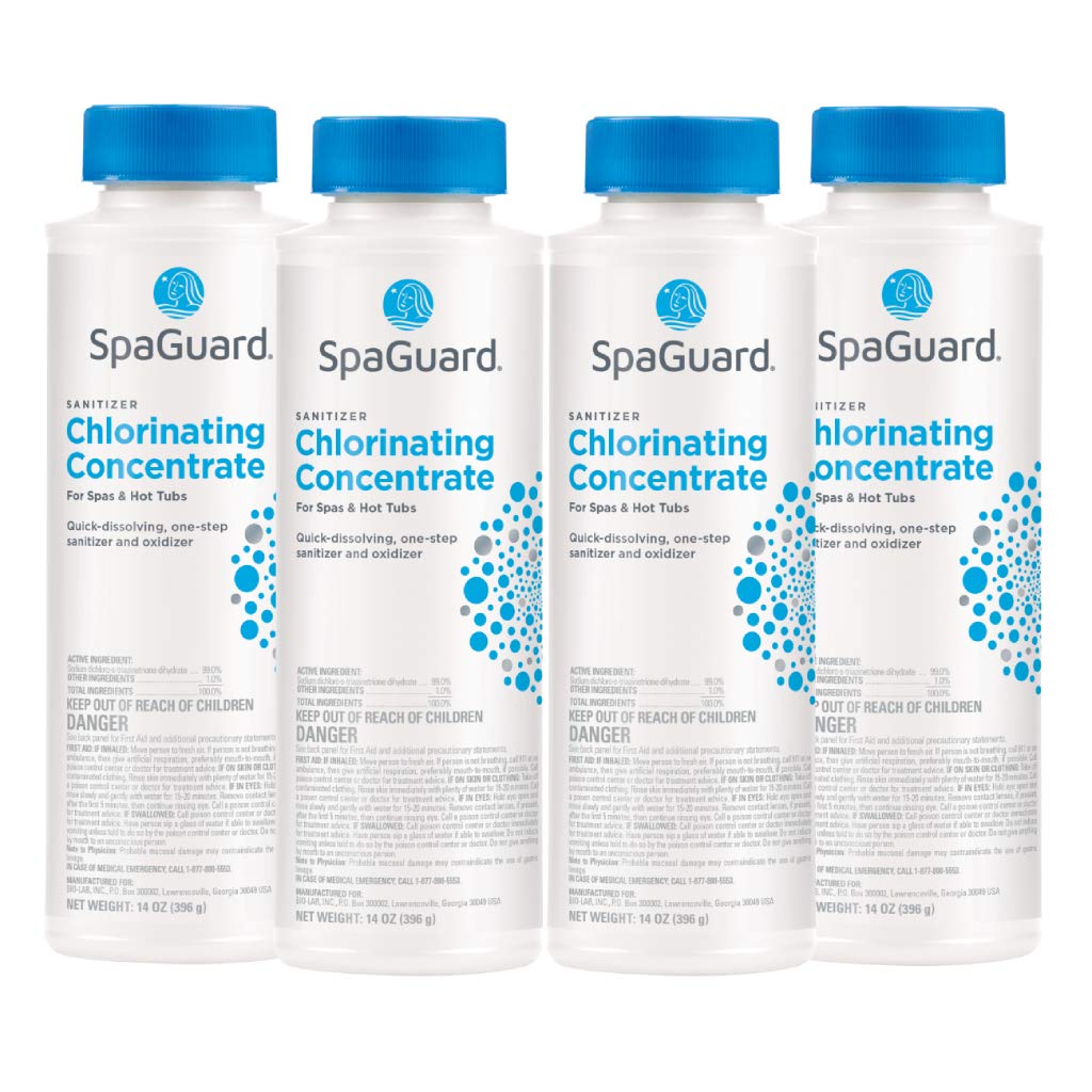 SpaGuard front packaging showing 14 oz 4-pack and clear usage labeling for easy maintenance