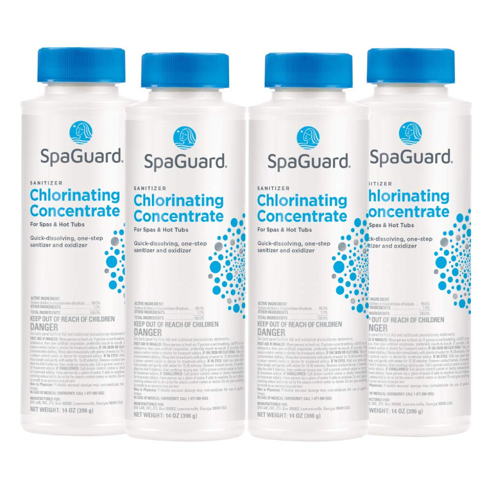 SpaGuard front packaging showing 14 oz 4-pack and clear usage labeling for easy maintenance