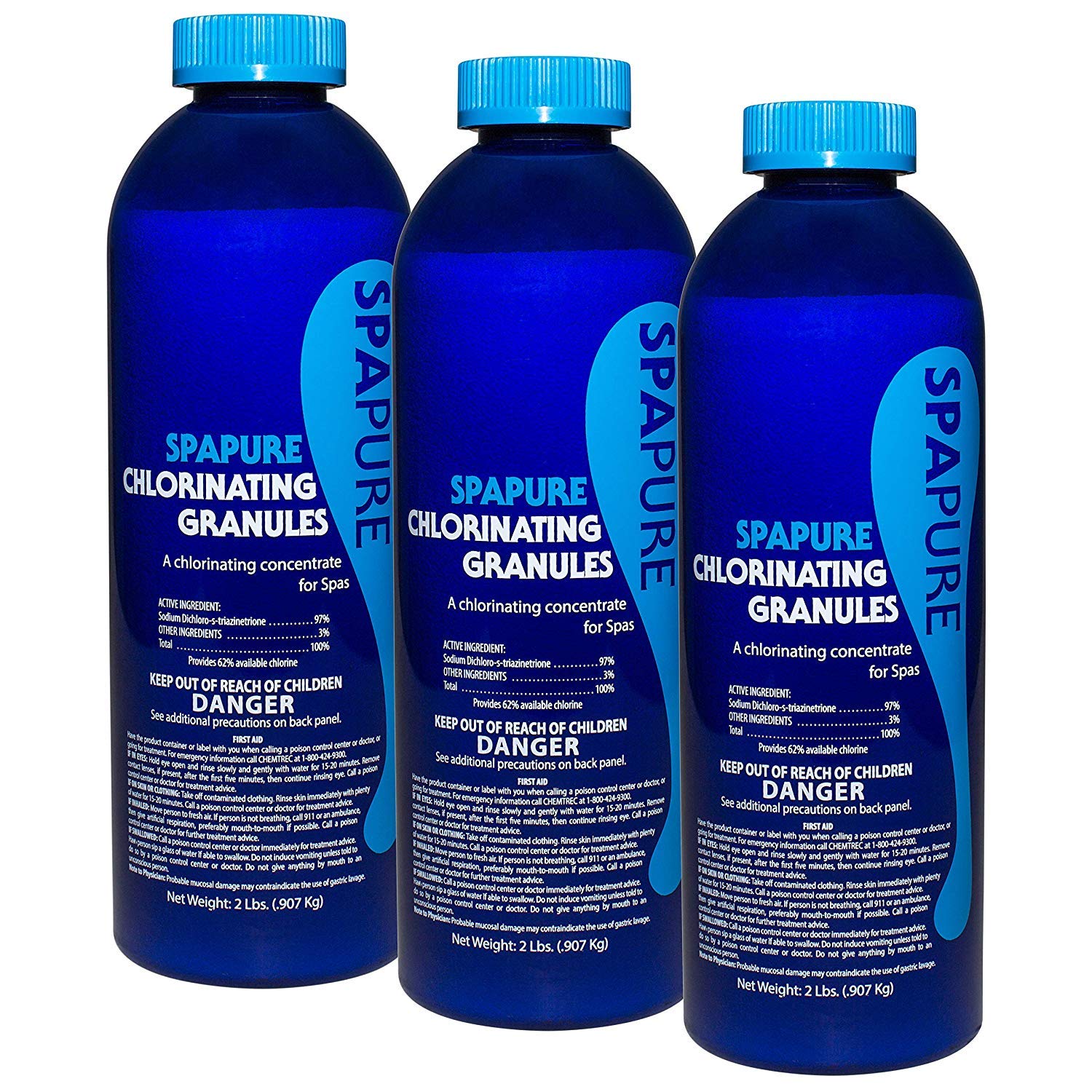 SpaPure front-facing 2 lb granules package showing label and benefits