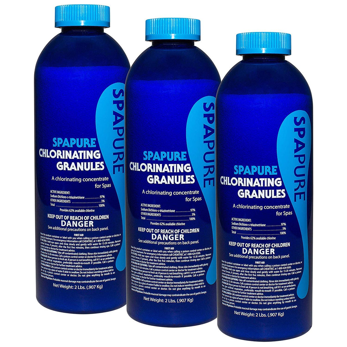 SpaPure front-facing 2 lb granules package showing label and benefits