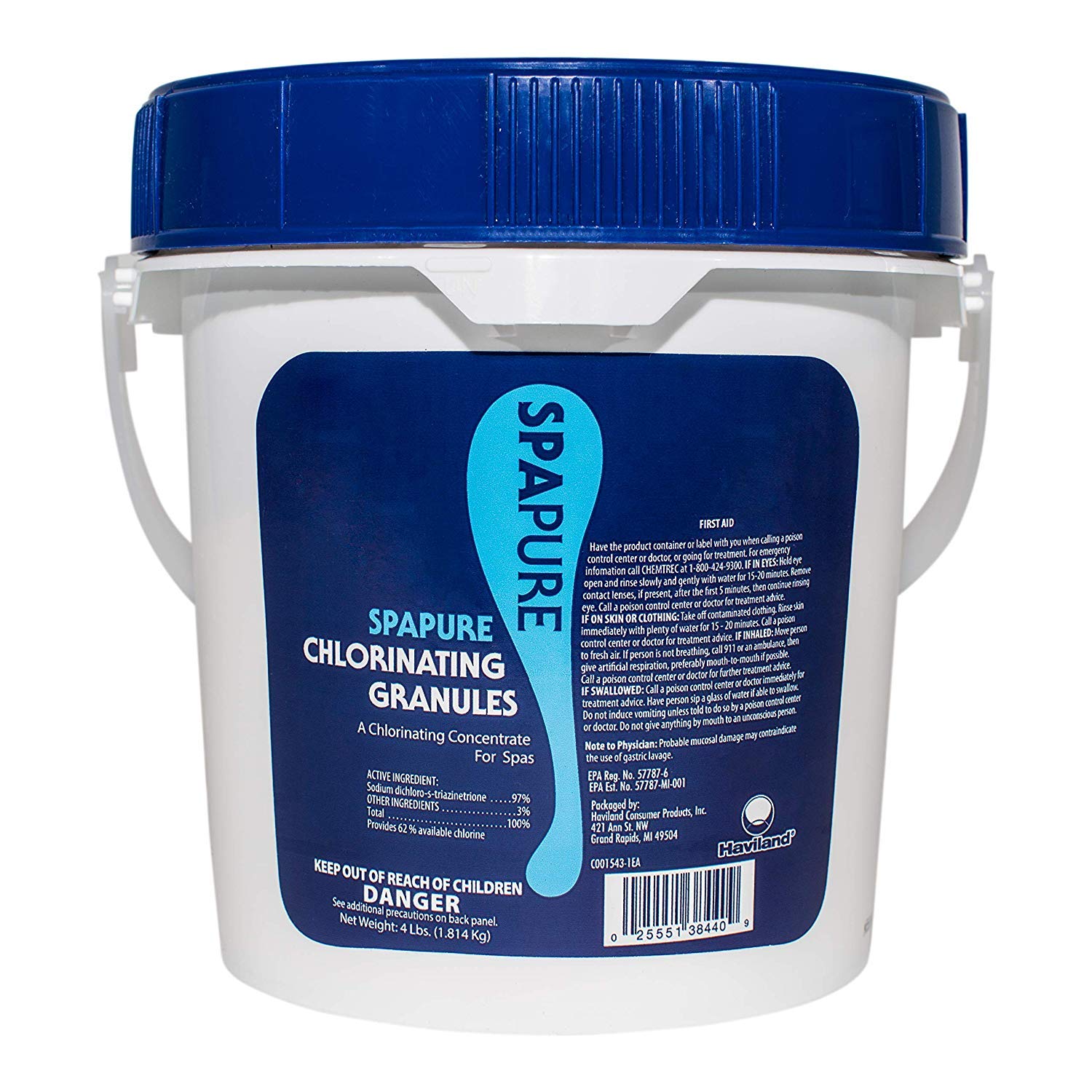 SpaPure front packaging showing 4 lb container and easy storage benefit