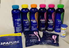 SpaPure starter kit front view showing bottles and guide for easy setup