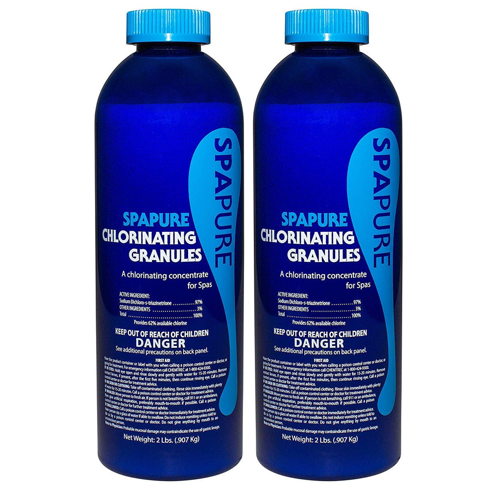 SpaPure pack front view showing label and two 2 lb containers for easy spa maintenance