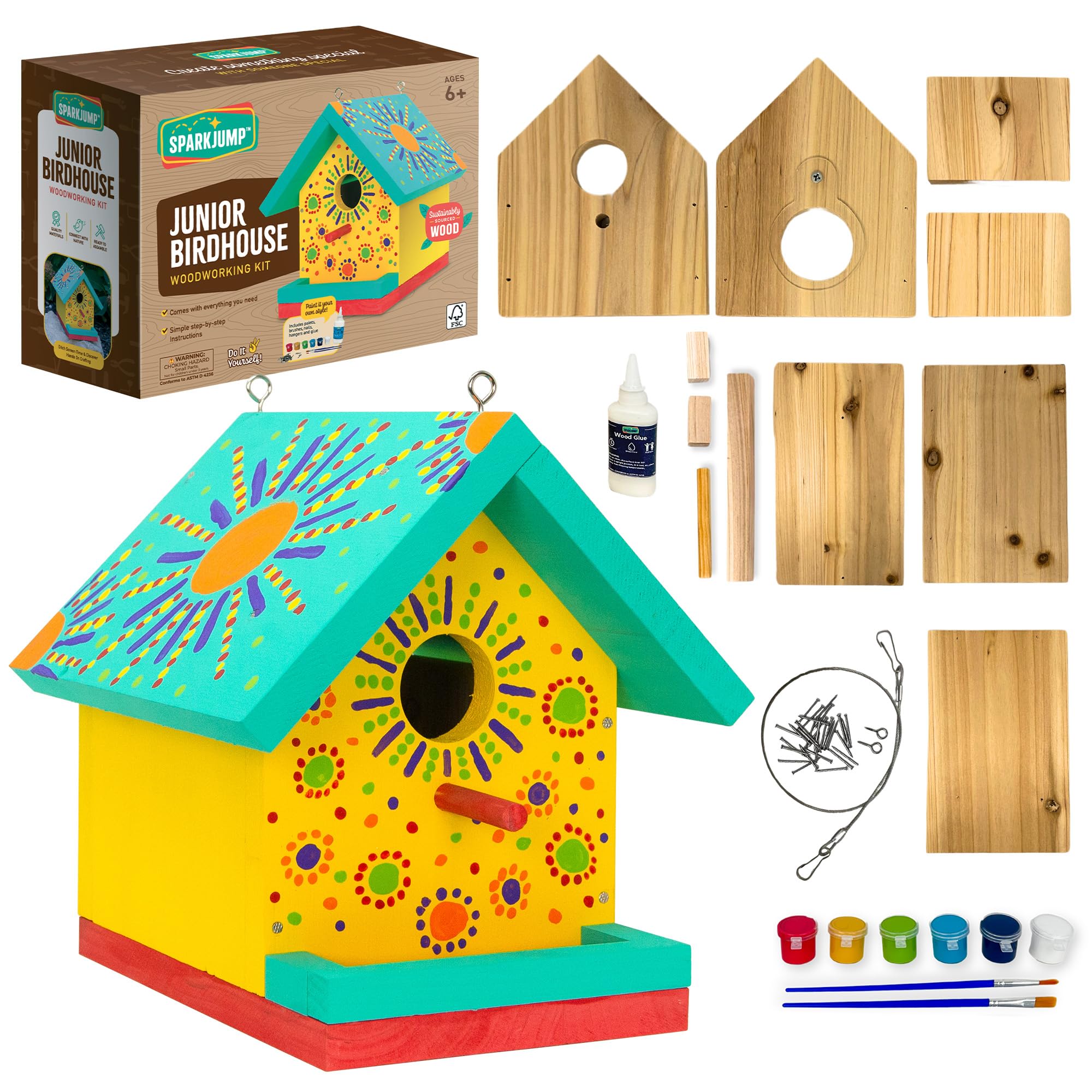 SparkJump front packaging showing ready-to-assemble birdhouse kit benefit gifting