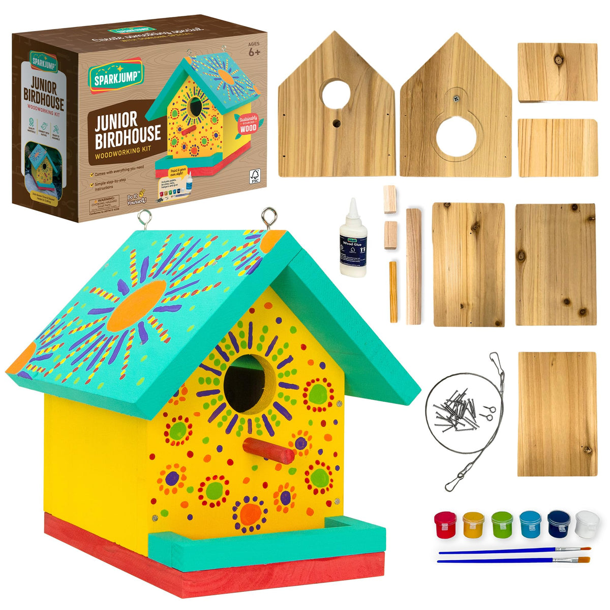 SparkJump front packaging showing ready-to-assemble birdhouse kit benefit gifting