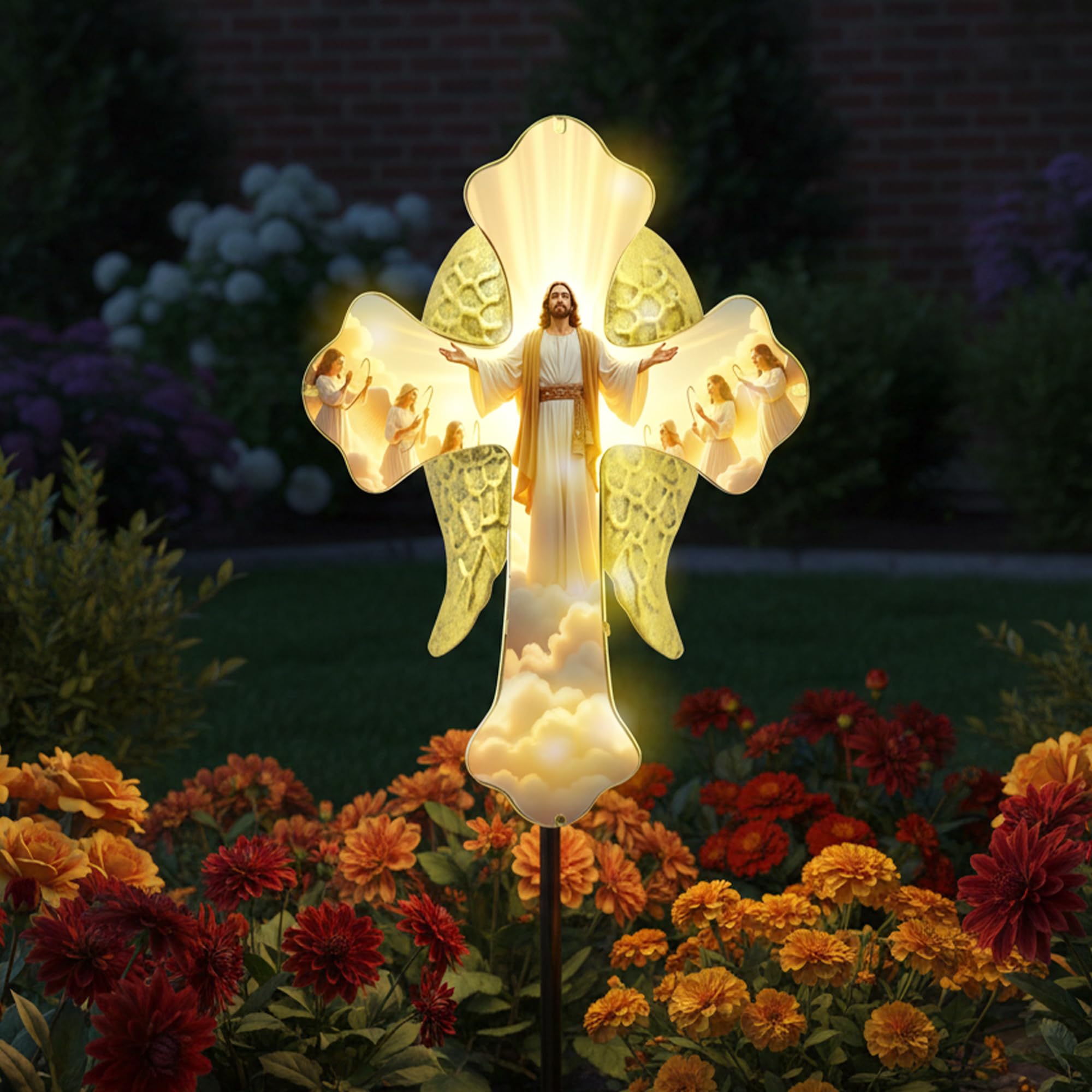 SparkManor Jesus Solar Cross front view showing warm LED light for memorials