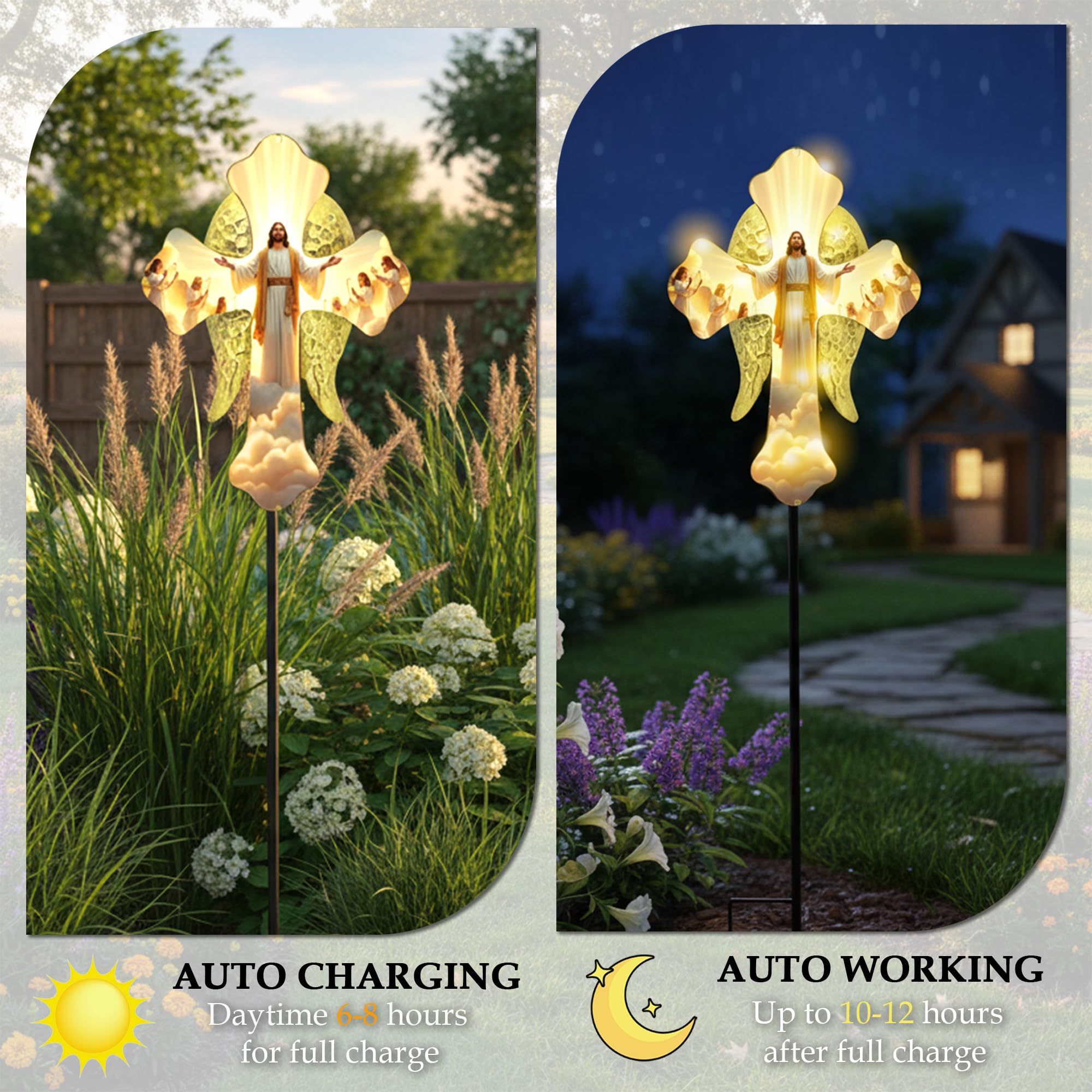 SparkManor cross metal stake detail highlighting rustproof durability benefit