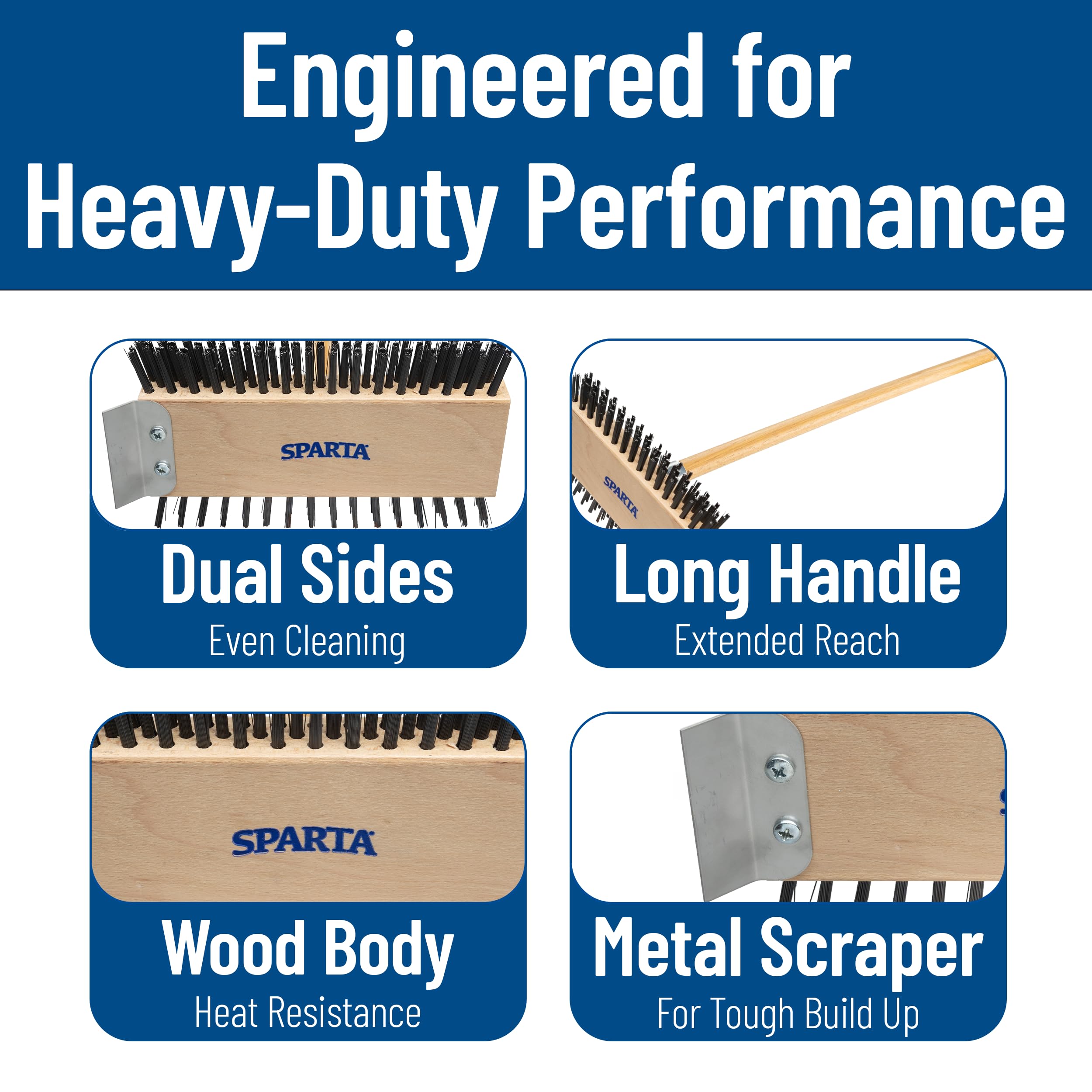 SPARTA full-length 30-inch handle on counter for reach and ergonomic leverage