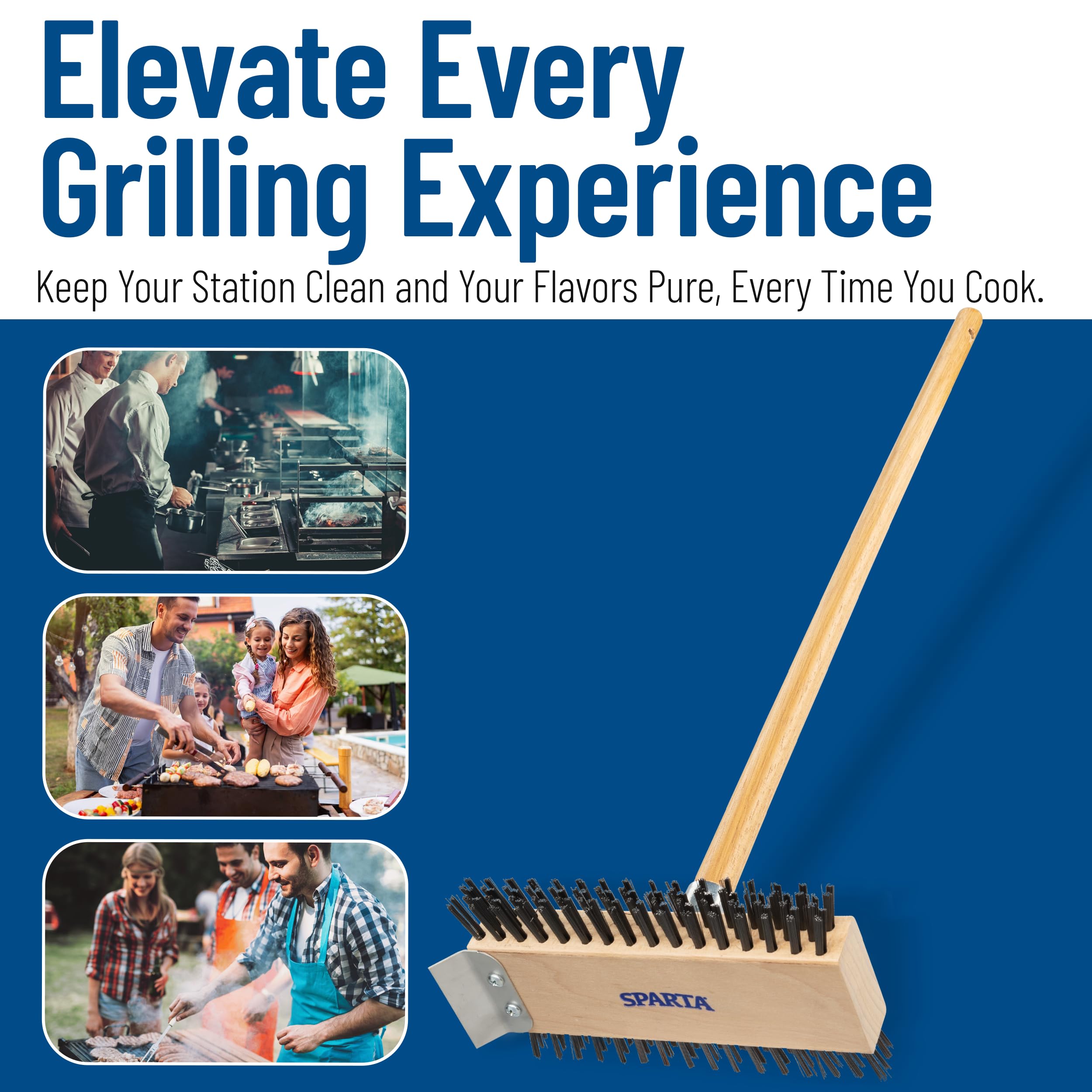 SPARTA brush in use on commercial grill illustrating efficient cleaning action