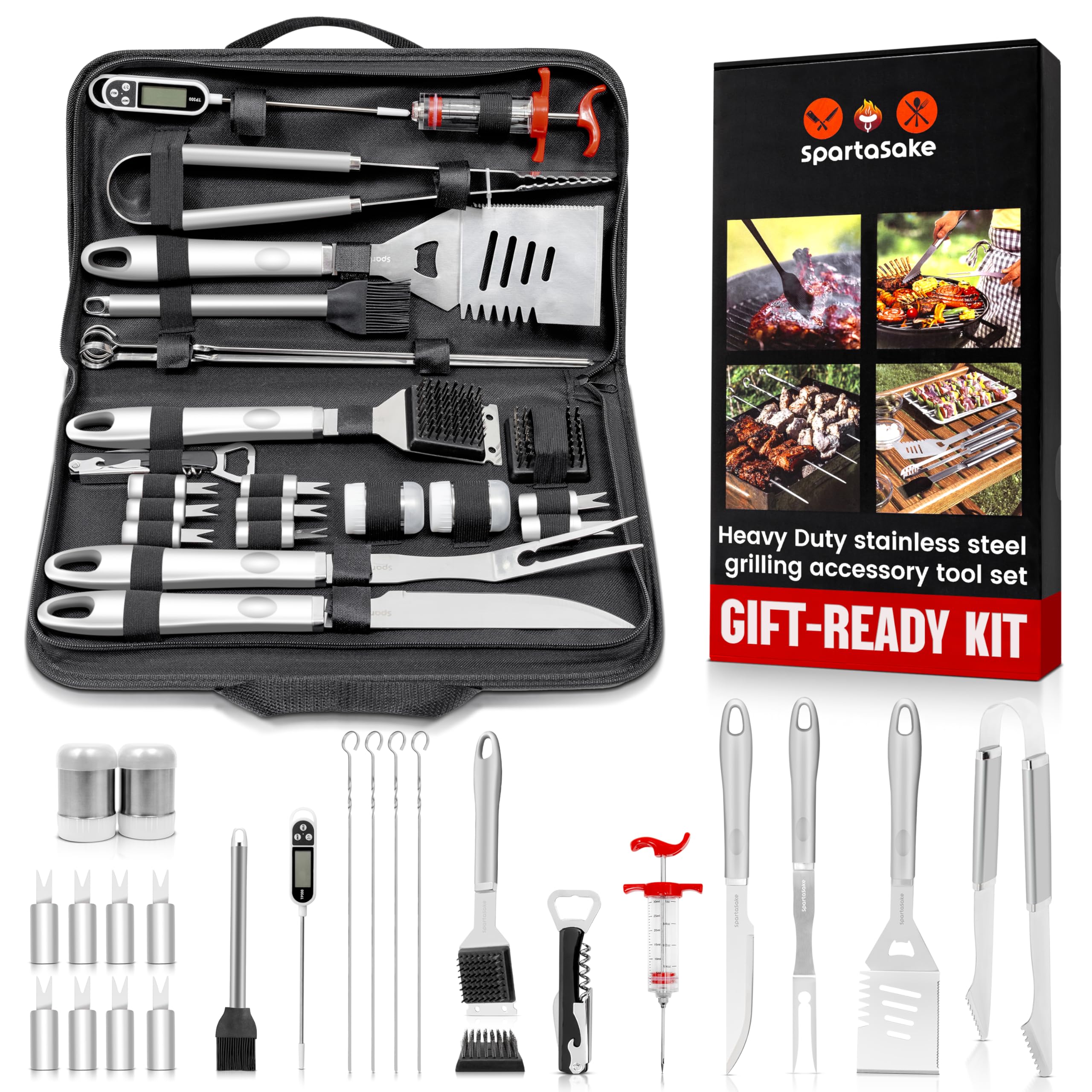 SpartaSake front packaging showing organized carrying bag and tools for easy transport