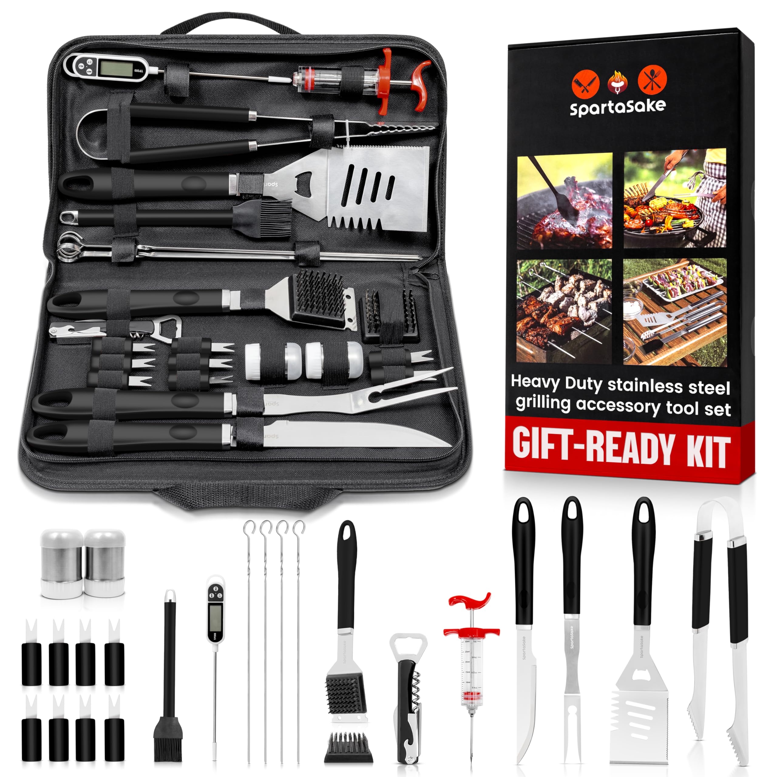SpartaSake front packaging showing the complete 24-piece grill set for easy transport