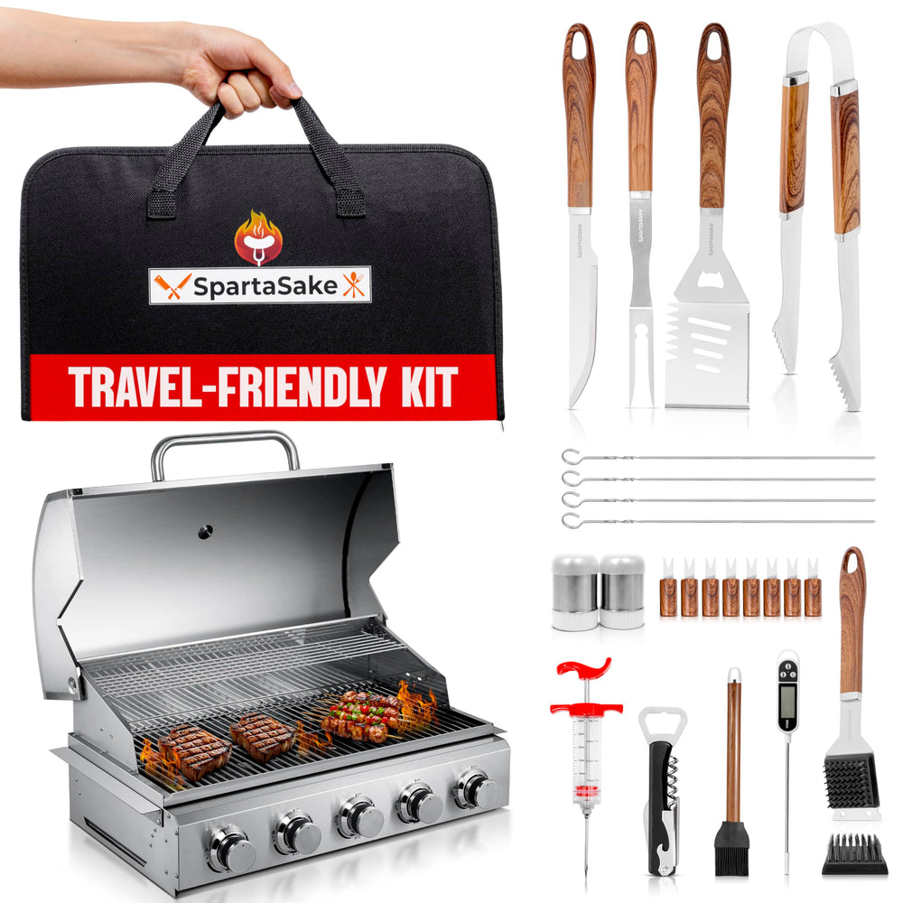 SpartaSake grill tools in use over flames showcasing durable construction and heat performance