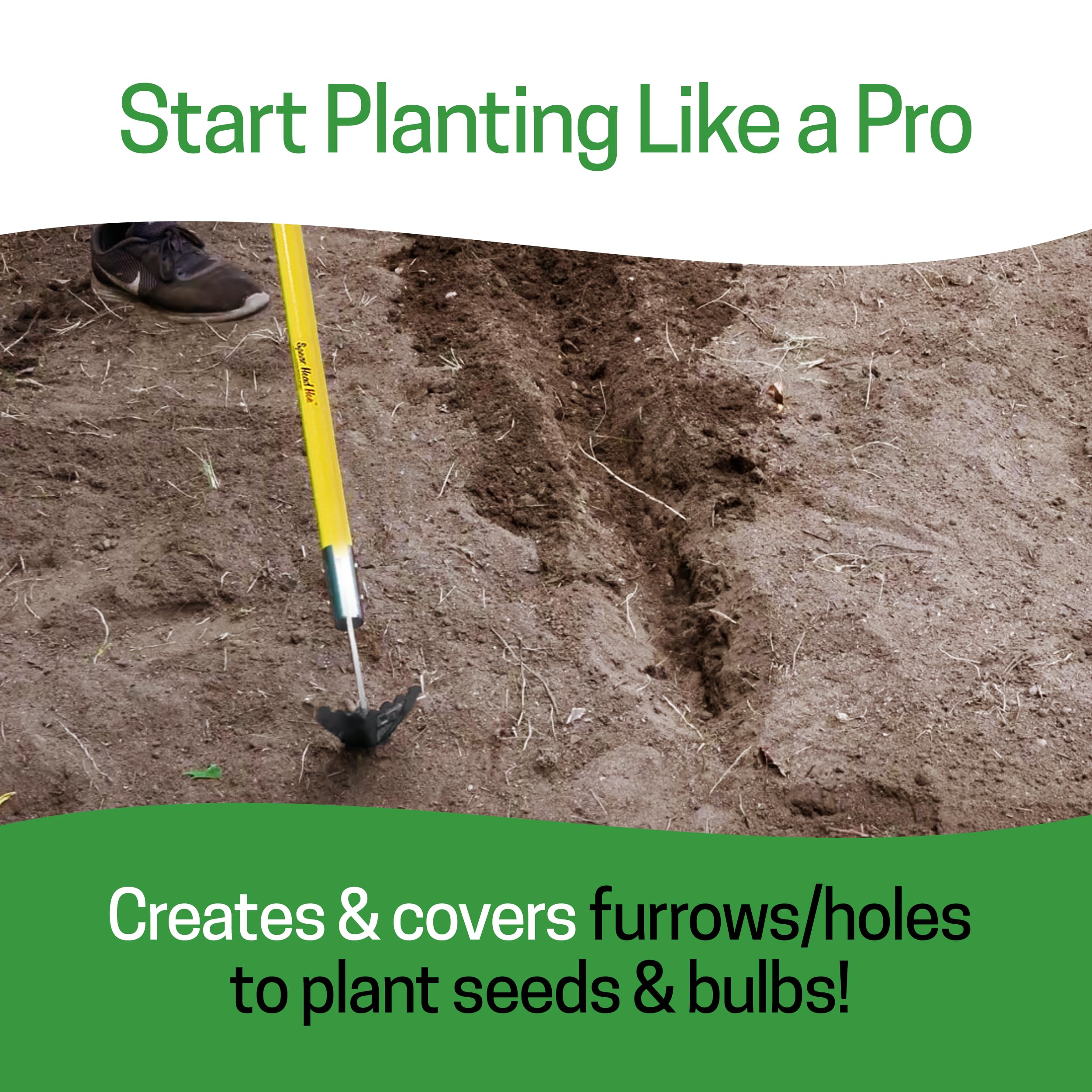 Spear Head Spade beside a ruler showing 59-inch handle for upright gardening