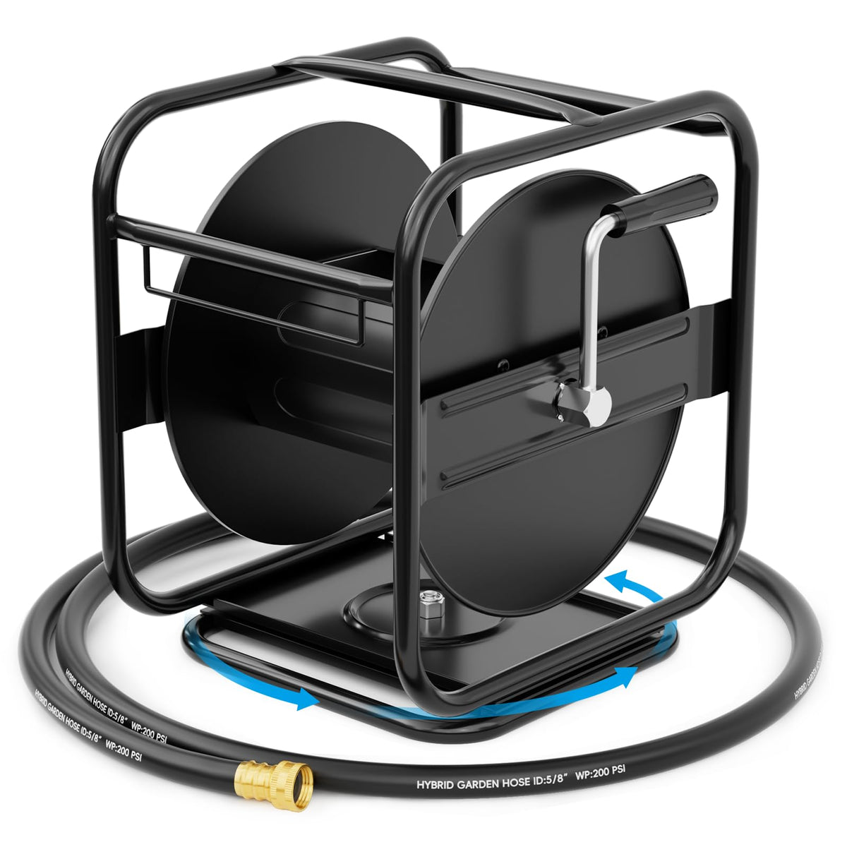 SPECILITE front view of metal hose reel showing compact storage benefit
