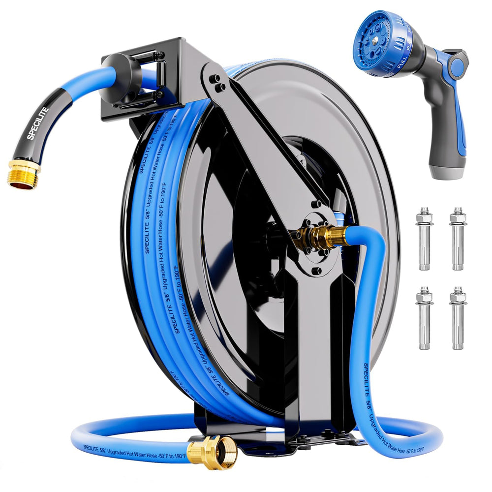 SPECILITE front view of wall-mounted reel showing compact storage and tidy hose benefit