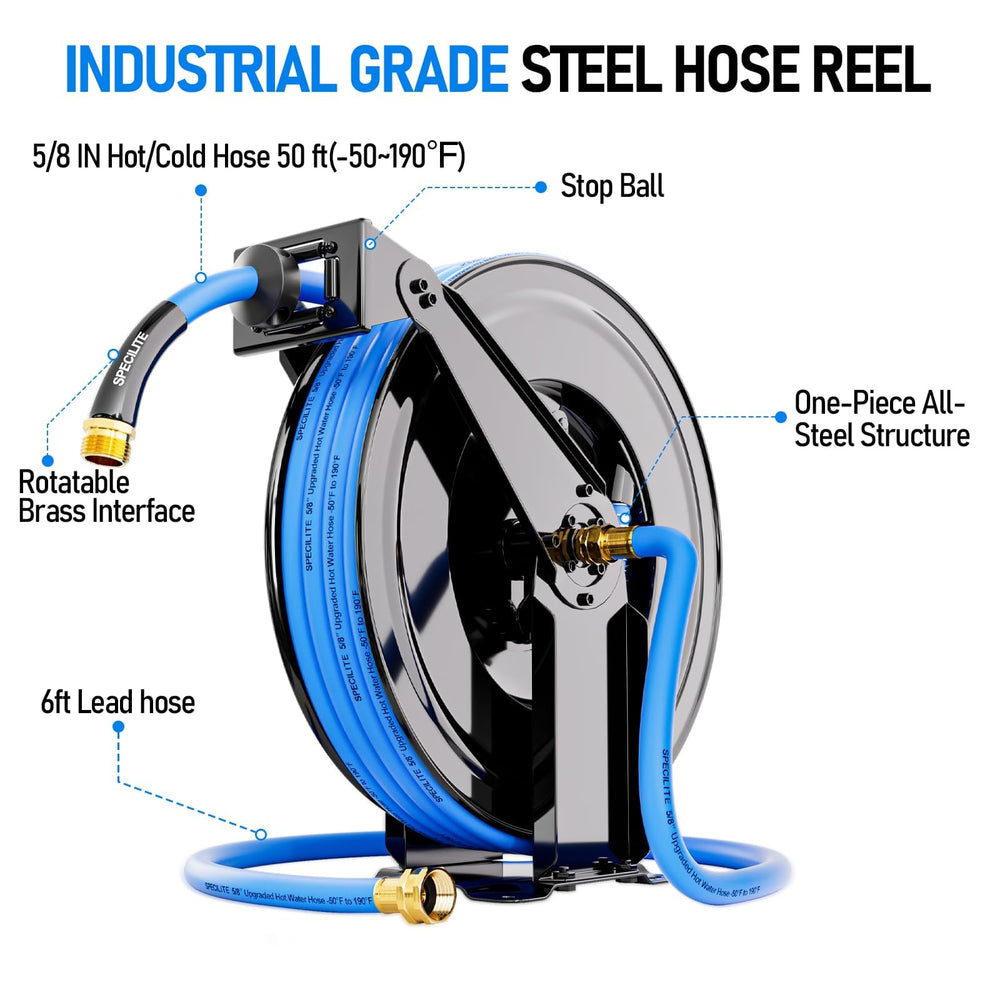 SPECILITE installed reel on patio wall showing space-saving mounted convenience benefit
