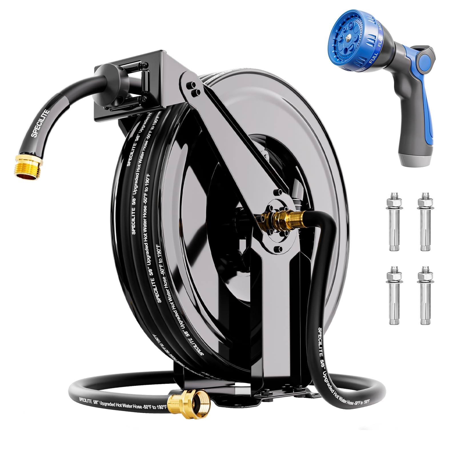 SPECILITE front view of retractable hose reel showing compact storage and easy access