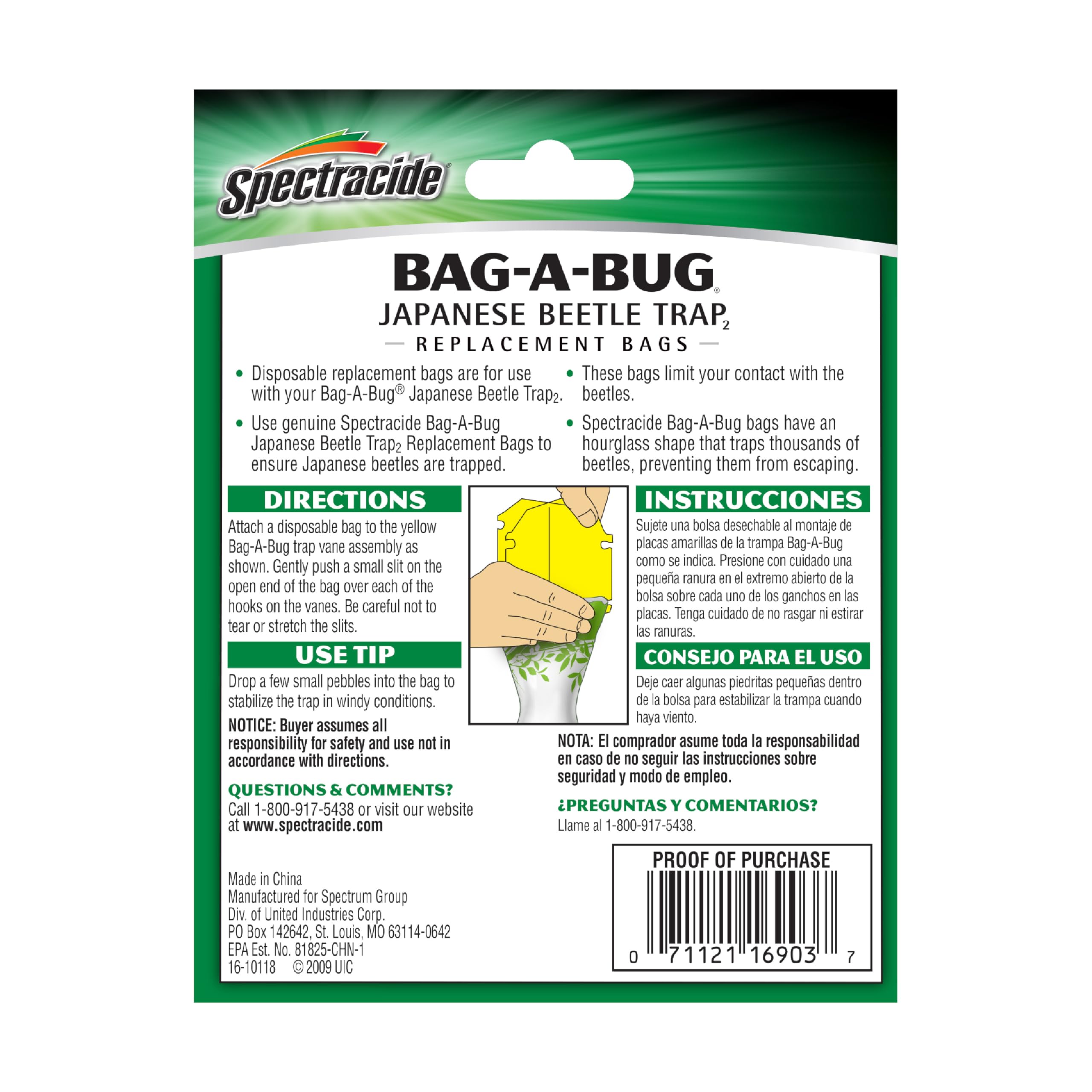 Spectracide replacement bag next to hand for size and capacity clarity