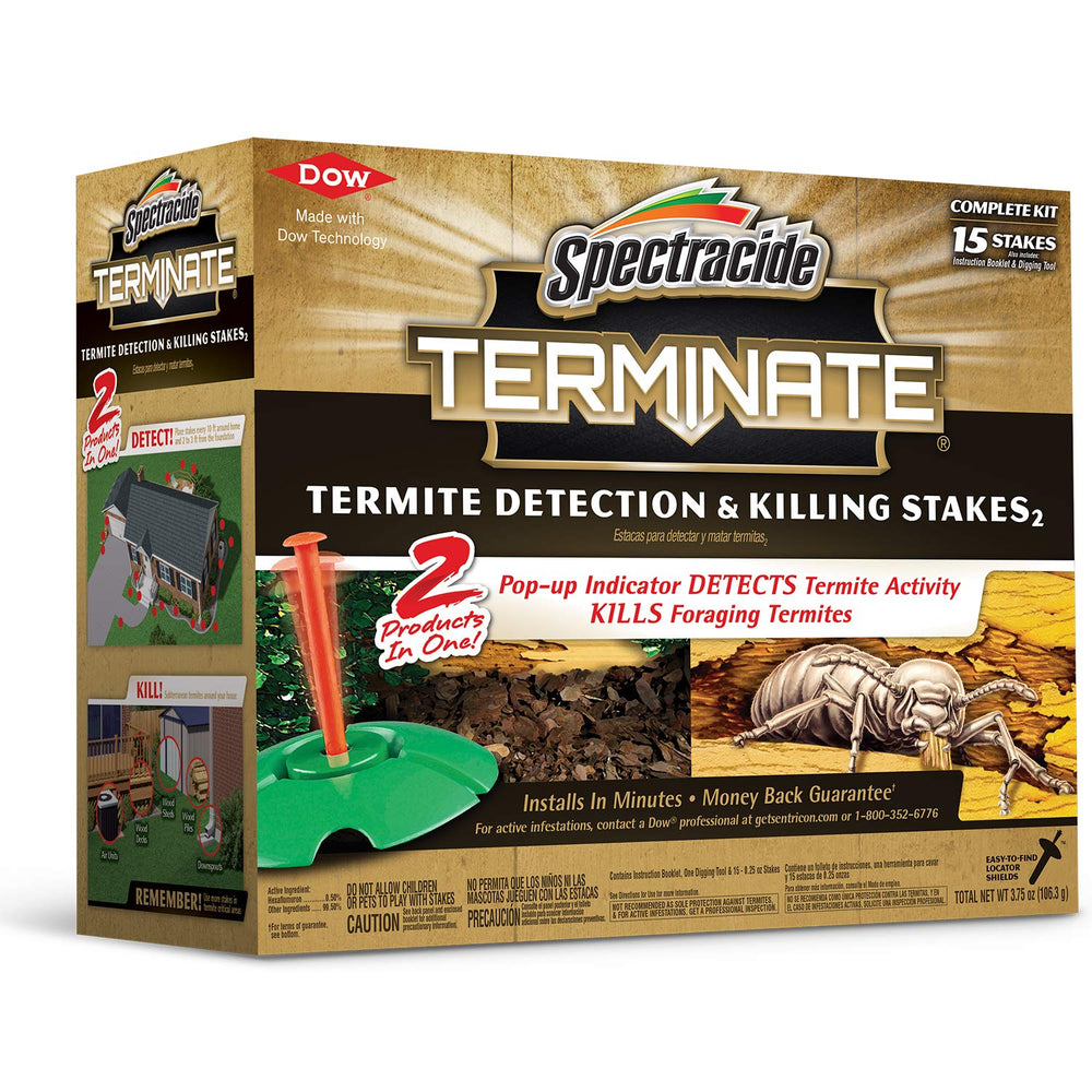Spectracide front packaging showing 15-stake kit and easy installation benefit