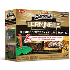 Spectracide front packaging showing 15-stake kit and easy installation benefit