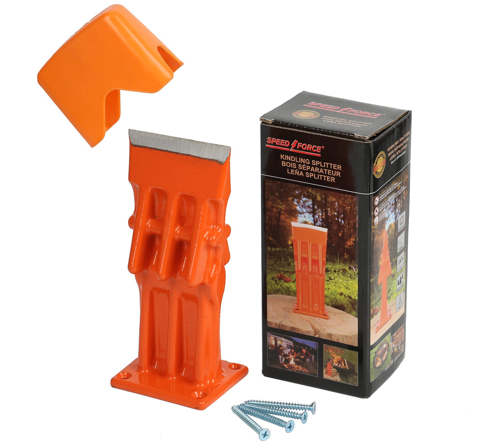 SPEED FORCE front view of orange kindling splitter showing stable base and wedge benefit