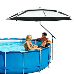 SpeedEdge front view clamped to pool rail showing stable shade benefit