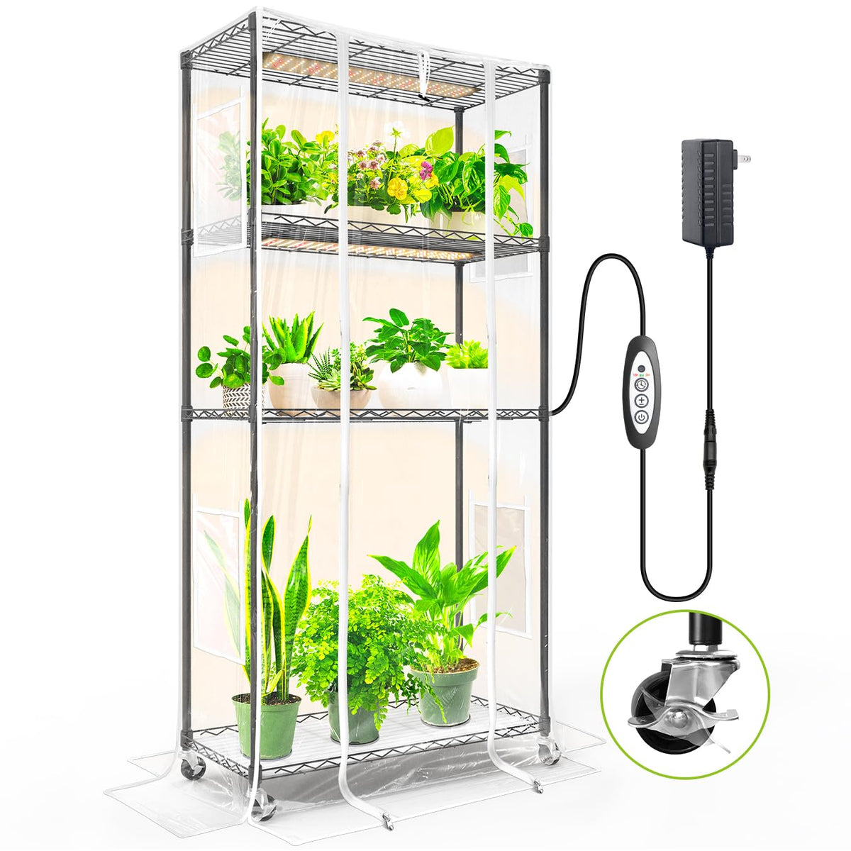 SpeePlant front view of 4-tier greenhouse showing full setup and compact footprint