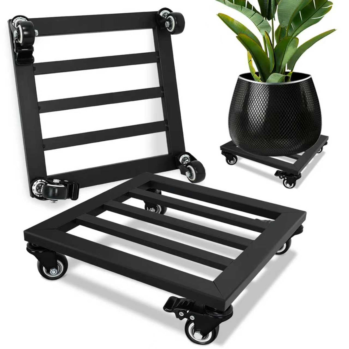 SPEETH front view of both 12-inch metal plant caddies showing sturdy platform and wheels for easy movement