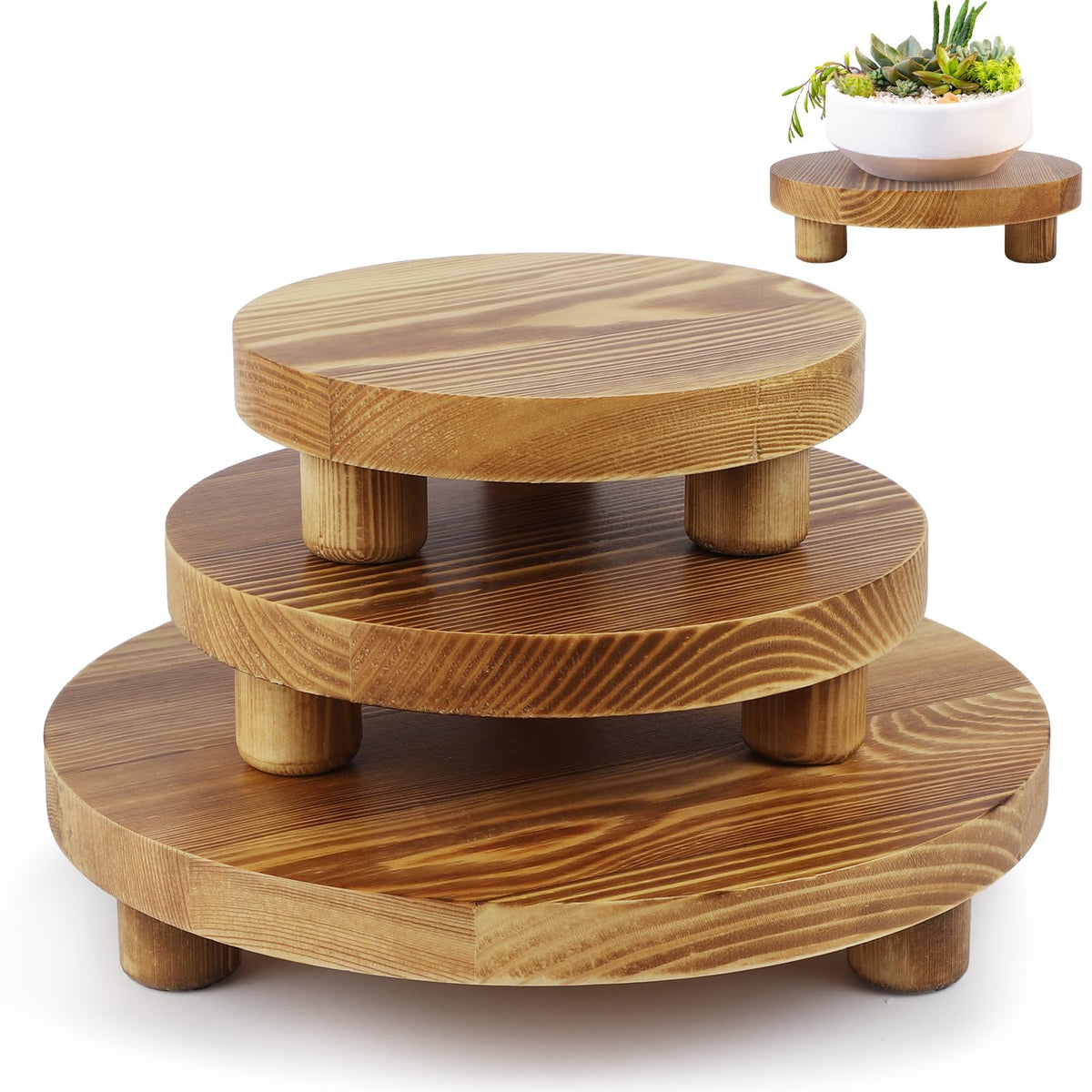 SPHOSWHP front view of three round risers showing rustic display benefit